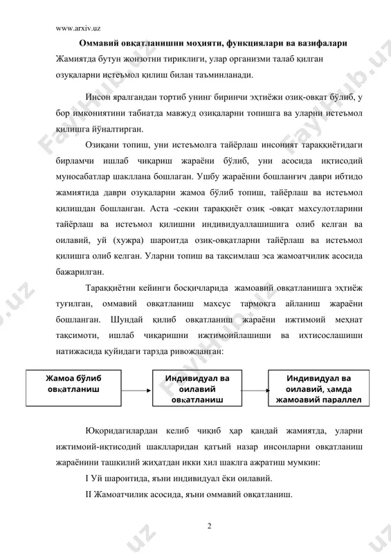 тлари шаклланишини бошланғич даврларига тўғри келади. ушбу даврдан бошланиб оммавий (жамоавий) овқатланиш иқтисодиётнинг тармоғи сифатида шакллана бошлаган. оммавий овқатланиш тарихан товар айрибошлаш жараёнини бир тури сифатида қаралиб келинган, хозир ҳам у савдо соҳаси каби товар айрибошлаш жараёнининг таркибий қисми ҳисобланади. лекин, оммавий овқатланиш соҳасидаги жараён савдодан тубдан фарқ қилади. ушбу фарқлар улар бажарадиган ижтимоий-иқтисодий ва техник-технологик функциялардан келиб чиқади. оммавий овқатланишнинг яна бир хусусияти у нафақат савдодан, балки у ишлаб чиқаришдан хам фарқланади. савдодан ва ишлаб чиқаришдан (озиқ-овқат саноати) фарқли оммавий овқатланиш соҳаси қуйидаги ижтимоий-иқтисодий ташкилий – иқтисодий ва техник-технологик функцияларни бажаради. унинг айрим функциялари савдога, айримлари эса ишлаб чиқаришга мос келади ва улардан фарқланадиган функцияларни ҳам бажаради. оммавий овқатланиш сохаси такрор ишлаб чиқариш жараёнини барча фазаларида иштирок этади. яъни: - ишлаб чиқариш; - тақсимот; - айрибошлаш; - истеъмол: оммавий овқатланиш корхона (шаҳобча) лари ишлаб чиқариш фазасида озиқ-овқат махсулотларини тайёрлаш (ишлаб чиқариш) функциясини бажаради. уларни тақсимот функцияси ахолини пулсиз ёки …