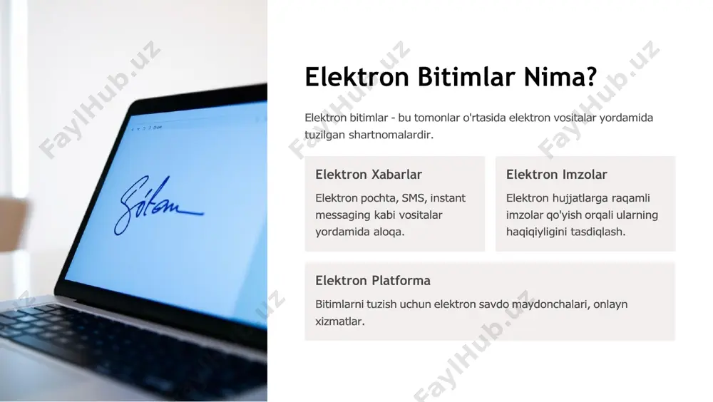 i hal qilishda tajriba orttirishlari kerak. xalqaro hamkorlik turli davlatlar o'rtasida smart kontraktlar bo'yicha qonunchilikni uyg'unlashtirish. 2 bitimlarning elektron shaklda rasmiylashtirilishi bitimlarni elektron shaklda rasmiylashtirishning turli usullari mavjud. elektron imzo bitimlarni elektron imzo bilan tasdiqlash. blockchain texnologiyalari bitimlarni blockchain tarmog'ida saqlash. elektron hujjatlar bitimlarni elektron shaklda rasmiylashtirish. 2 elektron bitimlar va digital identifikatsiya elektron bitimlarda shaxslarni aniqlash muhim ahamiyatga ega. biometrik ma'lumotlar barmoq izlari, yuzni tanib olish. elektron imzo elektron imzo bilan shaxslarni aniqlash. xavfsizlik shaxslarni aniqlashning xavfsizligini ta'minlash. xalqaro huquq doirasida elektron bitimlar xalqaro miqyosda elektron bitimlarni tartibga solish muhim masaladir. xalqaro shartnomalar turli davlatlar o'rtasida elektron bitimlarni tartibga soluvchi shartnomalar. birlashgan millatlar tashkiloti bmtning elektron tijorat to'g'risidagi qonunchilikni uyg'unlashtirish bo'yicha ishlari. xalqaro hamkorlik elektron bitimlar sohasida xalqaro miqyosda hamkorlikni rivojlantirish. 2 xulosa va tavsiyalar elektron bitimlar va smart kontraktlar kelajakda muhim rol o'ynaydi. qonunchilikni takomillashtirish elektron bitimlarni va smart kontraktlarni tartibga soluvchi qonunlarni takomillashtirish. texnologiyani rivojlantirish elektron bitimlar …
