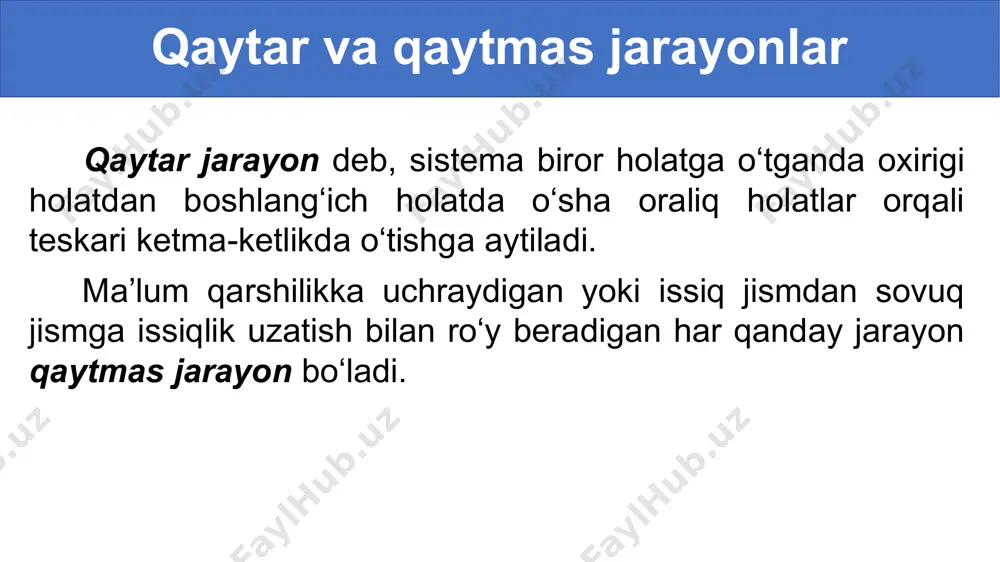 ydali ish koeffitsiyenti issiqlik beruvchi va oluvchilarning temperaturalari farqi bilangina aniqlanadi. ikkinchi tur “perpetuum mobile” okean suvlaridagi ulkan miqdordagi energiyadan ish bajarmasdan foydalanish mumkin degan g‘oyaga asoslangan. termodinamikaning ikkinchi qonuni buni inkor etadi. termodinamikaning 1-qonuni nimani tavsiflaydi? mexanik energiyaning saqlanishini elastik deformatsiya energiyasini issiqlik muvozanatini energiyaning saqlanish qonunini to‘g‘ri javob: d) energiyaning saqlanish qonunini test mavzuni o‘qing va mavzuga oid savollarga javob yozing. (101-bet) mustaqil bajarish uchun topshiriq image1.png media1.mp4 image2.png media2.mp4 image3.png media3.mp4 image4.png image5.png image6.png image7.png image8.png image9.png /docprops/thumbnail.jpeg