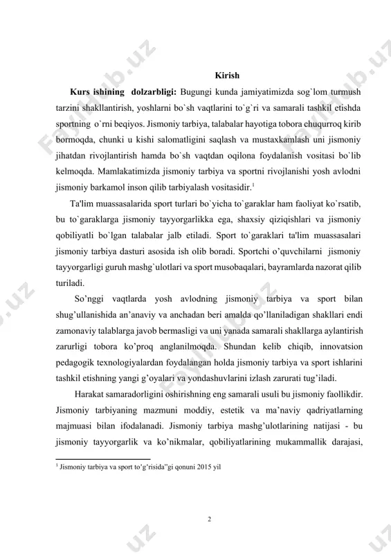 ni yanada samarali shakllarga aylantirish zarurligi tobora ko’proq anglanilmoqda. shundan kelib chiqib, innovatsion pedagogik texnologiyalardan foydalangan holda jismoniy tarbiya va sport ishlarini tashkil etishning yangi g’oyalari va yondashuvlarini izlash zarurati tug’iladi. harakat samaradorligini oshirishning eng samarali usuli bu jismoniy faollikdir. jismoniy tarbiyaning mazmuni moddiy, estetik va ma’naviy qadriyatlarning majmuasi bilan ifodalanadi. jismoniy tarbiya mashg’ulotlarining natijasi - bu jismoniy tayyorgarlik va ko’nikmalar, qobiliyatlarining mukammallik darajasi, hayotiy kuchlarning yuqori darajada rivojlanishi, sport yutuqlari, axloqiy, estetik, intellektual rivojlanish, sog’lom turmush tarziga yo’naltirishdir. umumta’lim maktablarida jismoniy tarbiya va sport ishlarining asosiy maqsad va vazifalari bugungi kunda o’quvci yoshlar o’rtasida jismoniy madaniyatni oshirish, sog’lom turmush tarziga tayyorgarlikni shakllantirish, sport mashg’ulotlariga qiziqishni rivojlantirish, jismoniy mashqlarni muntazam bajarish, axloqiy, hissiy, intellektual, ijtimoiy-madaniy va estetik shaxsiyatni, ijodiy qobiliyat va kognitiv ehtiyojlarni shakllantirish va rivojlantirishga qaratilgandir kurs ishining maqsadi: kurs ishida maktab jismoniy tarbiya tizimida sport o’yinlaridan foydalanishning asosiy yondashuvlari tahlil qilingan. umumta’lim maktabida sport bilan shug’ullanishning eng muhim …
