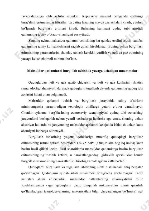 altirilgan kompleks ishlar. sinash va sinab ko’rishning ishonchli natijalarini olishning muhim sharoiti – burg’ilash jarayonida mahsuldor qatlamlarni sifatli ochish hisoblanadi. izlov ishlari davrida geologik kesimning istiqbolli oraliqlarini burg’ilab ochish texnologiyasi geologik-texnik naryadda ko’zda tutilgan quduq geofizik tadqiqotlarini o’tkazishni optimal sharoitlarini ta’minlashga va dastlabki materiallarni olishga yo’naltirilgan bo’lishi lozim. bu burg’ilash jarayonida kabelkanatda qatlam sinagichlari (ип, опк) yordamida gidrodinamik tadqiqotlar o’tkazish uchun belgilangan potensial mahsuldor obyektlarni asosli ajratishning zaruriy sharoiti hisoblanadi. qidiruv ishlari davrida geologik kesimning istiqbolli oraliqlarini burg’ilab ochish texnologiyasi nisbatan to’liq va ishonchli geofizik axborotlarni olish uchun zaruriy sharoitlarni yaratish imkonini berishi va shu bilan bir vaqtda quduq atrofi zonasida qatlamlarning sizdirish xarakteristikalarini maksimal saqlanishini ta’minlashi lozim. bu ajratilgan obyektlarni gidrodinamik tadqiqot qilishning to’liq kompleksini bajargan holda quduqlarni ochiq stvolda sinash bo’yicha ishlarlarni muvaffaqiyatli amalga oshirish uchun zarur. tanlangan ochish texnologiyasining kollektor jinslarning geologik-fizik xossalari va ularni to’yintirgan flyuidlarning fizik-kimyoviy xususiyatlari bilan muvofiq kelishining asosiy ko’rsatkichlari kesimning muvofiq oraliqlarini …