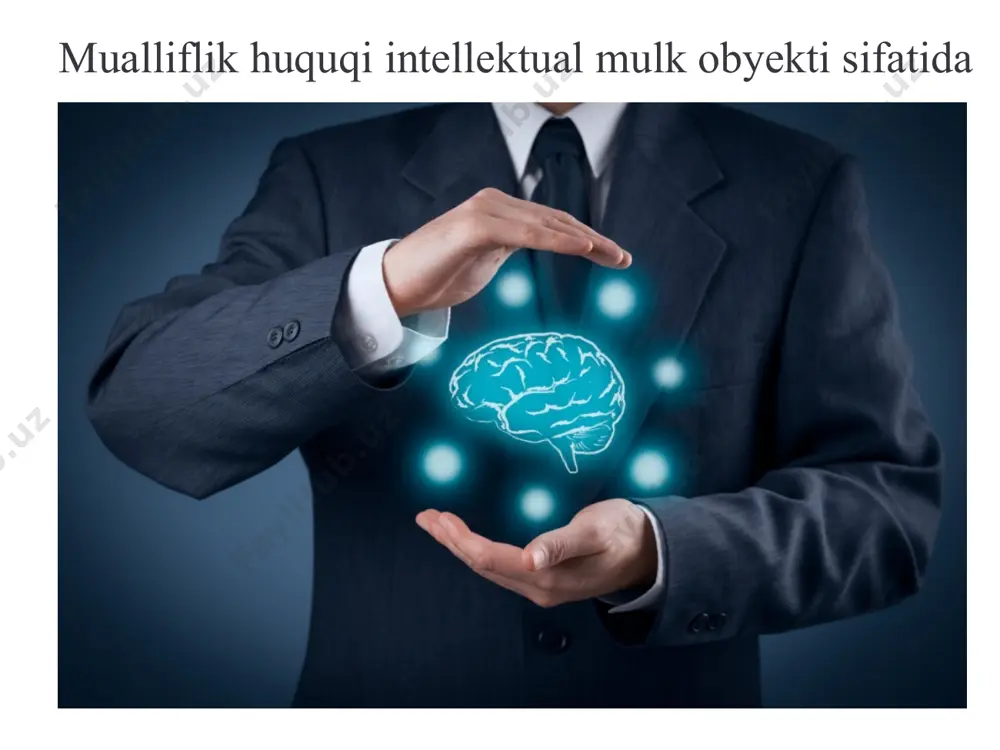 gilar mualliflik huquqi obyektlari hisoblanmaydi: rasmiy hujjatlar (qonunlar, qarorlar, to'xtamlar va shu kabilar), shuningdek ularning rasmiy tarjimalari; rasmiy ramzlar va belgilar (bayroqlar, gerblar, ordenlar, pul belgilari va shu kabilar); xalq ijodiyoti asarlari; oddiy matbuot axboroti tusidagi kundalik yangiliklarga doir yoki joriy voqealar haqidagi xabarlar; insonning bevosita individual asar yaratishga qaratilgan ijodiy faoliyati amalga oshirilmasdan, muayyan turdagi ishlab chiqarish uchun mo'ljallangan texnika vositalari yordamida olingan natijalar; mutlaq mualliflik huquqlari egasi o'z huquqlaridan xabardor qilish uchun mualliflik huquqining muhofaza belgisidan foydalanishi mumkin bo'lib, bu belgi asarning har bir nusxasida aks ettiriladi va quyidagi uch unsurdan iborat bo'ladi: ‐aylana ichidagi lotincha “c” harfi; -mutlaq mualliflik huquqlari egasining ismi-sharifi (nomi); asar birinchi marta chop etilgan yil. asarning asl nusxasida yoki nusxasida ko'rsatilgam shaxs muallif hisoblanadi va asarlar mualliflar jamoasi tomonidan ham yaratilishi mumkin.ahamiyatga molik jihati shundan iboratki,qonun qoidalari oshkor qilingan asarlarga ham,oshkor qilinmagan asarlarga ham tatbiq etiladi.hozirgi kunda mamalakatimizda mualliflik huquqi obyektlarini ro'yxatga olish …