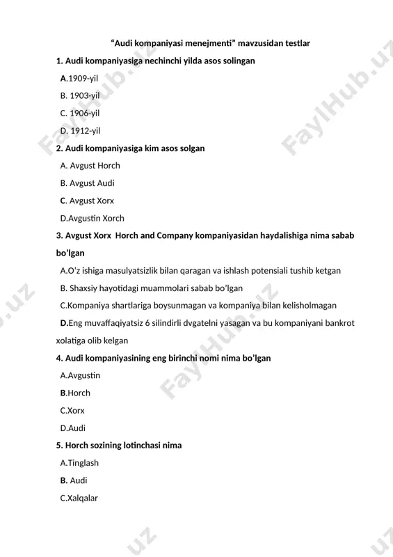 lq orasida “alpenziger” yoki “alp tog’larini zabt etuvchi” deb nom olgan c. model nomi “audi-b” deb nomlangan va xalq orasida “ajal farishtasi” yoki “o’qdan tez “ deb nom olgan d. model nomi “audi-q” deb nonlangan va xal orasida “gigant” deb nom olgan 9. 1928-yilda kompaniya tarixida nima sodir bo’lgan a. kompaniya bankrot bo’lgan b. kompaniya o’z faoliyatini o’zgartirdi c. kompaniyani germaniyaning dkw tomonidan sotib olingan d. kompaniya raxbari vafot etgan 10. ikkinchi jahon urushidan keyin audi va boshqa audo union hamkor firmalar tagdiri nima bo’ldi a. ikkinchi jahon urushidan keyin hamkor firmalar tarqatib yuborildi b. urushdan keyin hamkor kompaniyalar tarqatib yuborildi va o’z faoliyatini yakunladi ammo audi kompaniyasi o’z faoliyatini davom ettirdi c. audi va boshqa hamkor firmalar mahalliylashtirildi va avtomobil ishlab chiqarish xalq korxonalari uyushmasi tarkibiga aylantirildi d. a javob 11. audi kompaniyasining eng songgi ishlab chiqargan elektomabili qaysi a. audi-e6 etron b. audi q6 e-tron c. audi -6 …