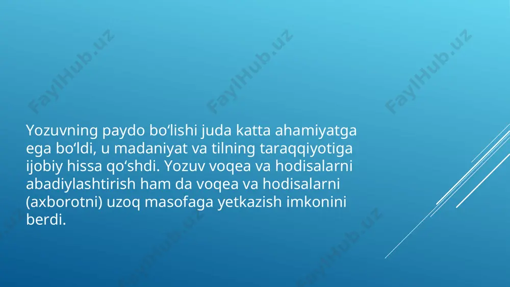 vning qanday bosqichlarini bilasiz? , 3. qanday yozuv piktografik yozuv deyiladi? piktografik yozuvning birliklari qaysi atama bilan belgilanadi? 4. logografik (ideografik) yozuvning paydo boiish sabablarini qayd eting. bu yozuvning birligi qaysi atama bilan belgilangan? 5. iyeroglifik va mixsimon yozuvlar to‘g‘risida nimani bilasiz? hozir ham bu yozuvlardan foydalanishadimi? 6. nima uchun piktografik va logografik yozuv jamiyatning talabiga javob bera olmaydi? 7. qanday yozuvni fonografik yozuv deyishadi? foydalanilgan adabiyotlar 1. abduazizov a.tilshunoslik nazariyasiga kirish. -toshkent, 2010. 2. irisqulov i. tilshunoslikka kirish. – toshkent. 2009. 3. rasulov r. umumiy tilshunoslik. – toshkent. 2013. *