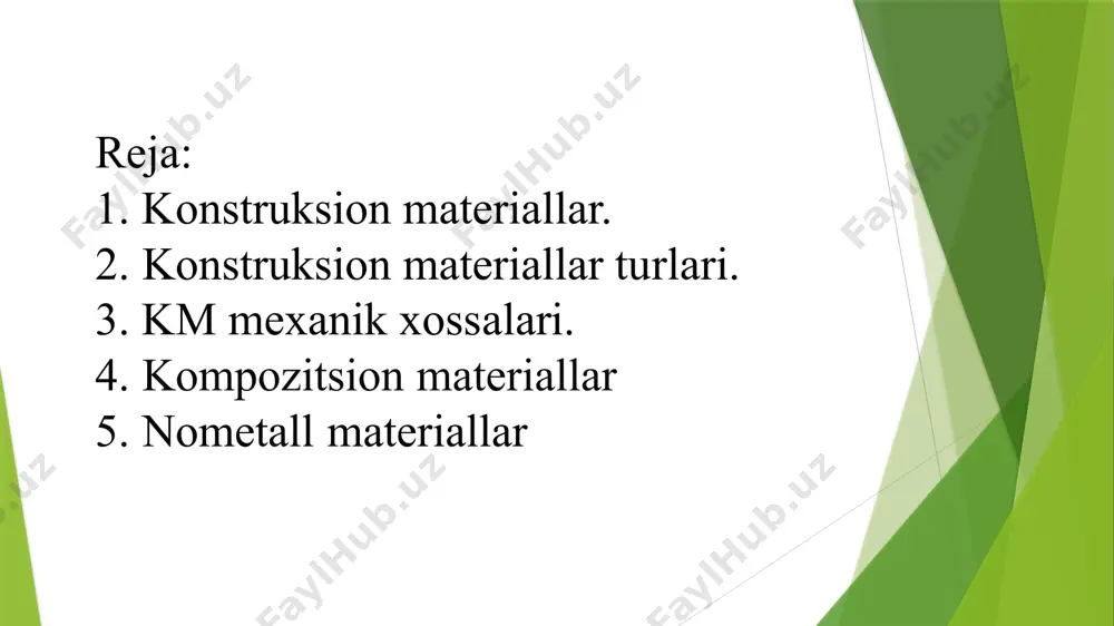 atsiya va raketa dvigatellari tayyorlashda, alyuminiy qotishmalari (mustahkamligi 550—750 mn/m2) samolyot, vertolyot, raketa korpuslarini tayyorlashda qoʻllaniladi. titan krtishmalarining mustahkamligi 1600 mn/m2 dan ortiq boʻlib, kompressor, aviatsiya dvigatellari, tibbiyot asboblari yasashda ishlatiladi. kompozitsion material – bu tola yoki dispersli donacha (to' ldiruvchi) bo’lib, yaxlit kompozitsiyaga bog'lovchi-modda yordamida biriktirilgan. to' ldi ruvchi matritsada erimaydigan modda hisoblanadi. matritsa sifatida ko'proq rangli metallar (al, mg, ni va boshqalar) yoki ularning qotishmalari ishlatiladi tolasimon kompozitsion materiallar ta'minlovchi moddalar ta'sir mexanizmi bo'yicha farqlanadi: diskretli bo'lib, tolani uzunligini uning diametriga nisbati (4/d) 10-l 03 ga teng , 4/d ga nisbati qancha katta bo' isa, puxtalash darajasi shuncha kata bo' ladi va uzluksiz tolali 4/d bo' ladi. diskretli tolalar matritsada betartib joylashadi. to'ldiruvchi tolasini joylashtirish qatlami uzluksiz , tkanli yoki hajmli bo'ladi. tolali kompozitsion materiallar oddiy qotishmalardan yuqori mustahkamligi, va kichik darzlar hosil bo'lishiga moyilligi bilan farqlanadi. tolali kompozitsion materiallaming mustahkamligi tolani xossasi bilan aniqlanadi va uning plastikligi …