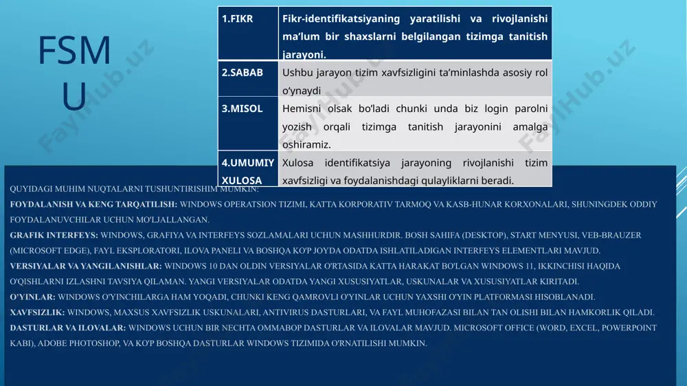 alari uchun mashhurdir. bosh sahifa (desktop), start menyusi, veb-brauzer (microsoft edge), fayl eksploratori, ilova paneli va boshqa ko'p joyda odatda ishlatiladigan interfeys elementlari mavjud. windows xp (2001): stabil va yaxshi ishlashga ega bo'lgan tizim. uchun yangilanishlari windows vista, 7, 8, va 10-ni olib chiqdi. windows 7 (2009): ommaviy tizim bo'lib, windows vista'dan keyin kelgan foydalanuvchilar uchun yangi ko'rinish va ishlab chiqarilgan. windows 8 (2012): metro interfeysi, start menyuni o'zgartirgan tizim. windows 10 (2015): faqat o'zgartirilgan start menyusi bilan tan olingan, ommaviy versiya. versiyalar va yangilanishlar: windows 10 dan oldin versiyalar o'rtasida katta harakat bo'lgan windows 11, ikkinchisi haqida o'qishlarni izlashni tavsiya qilaman. yangi versiyalar odatda yangi xususiyatlar, uskunalar va xususiyatlar kiritadi. o'yinlar: windows o'yinchilarga ham yoqadi, chunki keng qamrovli o'yinlar uchun yaxshi o'yin platformasi hisoblanadi. swot himoyalangan ishlash rejimini sozlash linux variantlari bir necha xil bo'lishi mumkin: server va desktop … bundan tashqari linux'ni turli soha va yo'nalish bo'yicha turlari …