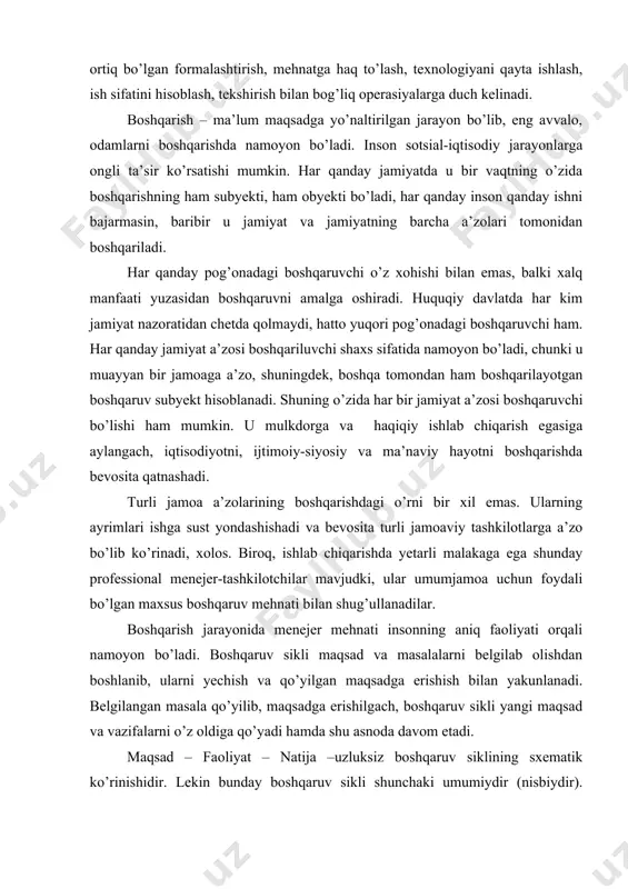 bilan yakunlanadi. belgilangan masala qo’yilib, maqsadga erishilgach, boshqaruv sikli yangi maqsad va vazifalarni o’z oldiga qo’yadi hamda shu asnoda davom etadi. maqsad – faoliyat – natija –uzluksiz boshqaruv siklining sxematik ko’rinishidir. lekin bunday boshqaruv sikli shunchaki umumiydir (nisbiydir). haqiqiy (real) boshqarish jarayonida bir-biridan farq qiluvchi birlamchi shakllar mavjud bo’ladi. muayyan korporatsiya misolida menejer mehnati quyidagi qator masalalarni yechishga qaratilgan bo’ladi: - jihozlar, ishlab chiqarish maydonidan unumli foydalanish va ishlab chiqarishni takomillashtirish bilan bog’liq texnik maqsadlar; - loyihalash, nazorat qilish va texnologik jarayonlarni takomillashtirish bilan bog’liq texnologik masalalar; - korporatsiya ichki va tashqi iqtisodiy faoliyatini mukammallashtirish hamda muntazam olib borish bilan bog’liq iqtisodiy masalalar; - tashkilot boshqaruv tizimini takomillashtirish va ishlab chiqarish hamda mehnatni tashkil etilishi bilan bog’liq tashkiliy masalalar. menejer mehnati korxona belgilangan maqsadga erishishi uchun jamoa kuchi va faoliyatini muvofiqligini muvofiqlashtirishga qaratilgan bo’ladi. ma’lum holatlarda, korporatsiyaga yangi tayinlangan direktor yoki tadbirkor amaldagi vaziyatni o’zgartirib, zarar ko’rayotgan korporatsiyani foyda olish …