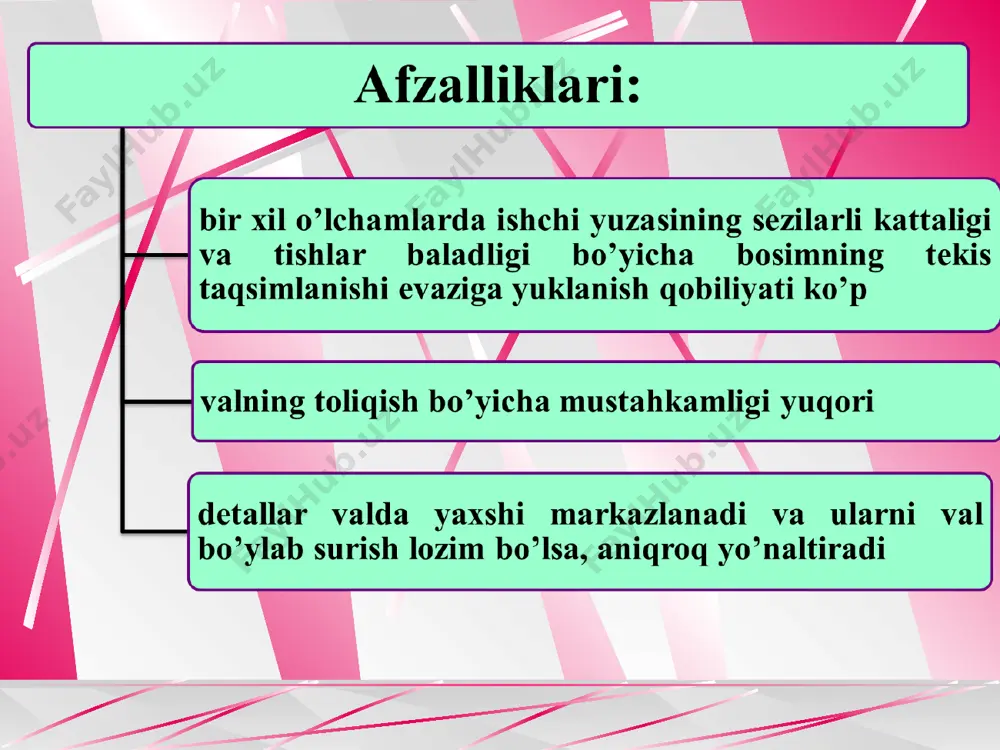 r tashqi burchaklari raxli (1-rasm), shlisa (tish)ning asosidagi ichki burchaklari yumaloqlangan qilib tayyorlanadi. evolventaviy shlisali birikmalarda tashqi diametr va en yoqlari bo’yicha (2-rasm) markazlashtirish qo’llanadi. bulardan tashqari yordamchi silindrik (4-rasm) yoki yordamchi vtulkalardan foydalanib, konussimon sirtlar bo’yicha markazlashtirish ham qo’llanadi. bunday birikmalar radial yuklanishlar va eguvchi momentlarni yaxshi qabul qiladi. tutashish turlarini tanlashda birikmaning qo’zg’almas yuklanish bilan yoki yuklanishsiz harakatlanishini hisobga olish zarur. to’g’ri tishli shlisali birikmalar faqat burovchi momentni (ilashish muftalari), burovchi moment va radial kuchni (valni to’g’ri tishli g’ildirak, zanjirli uzatmaning yulduzchasi, tasmali uzatmaning shkivi bilan biriktirish), burovchi va eguvchi moment hamda radial kuchni (valni konussimon tishli g’ildirak hamda gupchagi simmetrik bo’lmagan tishli g’ildirak bilan biriktirish) uzatishi mumkin. vintsimon, konussimon va yonbosh tishli birikmalar shular bilan birga o’q bo’ylab yo’nalgan kuchlarni ham uzatadi. shlisali birikmalarning ishlash qobiliyati va ularni hisoblashning asosiy mezonlari shlisali birikmalarning ishlash qobiliyatining va ular-ni hisoblashning asosiy mezonlari quyidagilar bo’ladi: 1. ishchi sirtlarning ezilishiga qarshiligi; …
