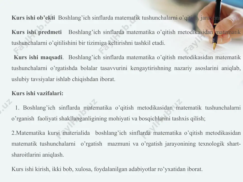 tarbiyalash vazifasini qo’yadi. umumiy metodika boshlangich sinf matematikasining mazmunini va tuzilishini ochib beradi, har bir bo’limni o’qitishning o’ziga xos xususiy metodlarini o’rgatadi. boshlang’ich matematika kursining vazifasi maktab oldiga qo’yilgan “o’quvchilarga fan asoslaridan puxta bilim berishda yangi pedagogik texnologiyalardan foydalanish, ularda hozirgi zamon ijtimoiy-iqtisodiy bilimlarni berish, turmushga, kasblarni ongli tanlashga o’rgatish” kabi vazifalarni hal qilishda yordam berishdan iborat. shunday qilib, boshqa har qanday o’quv predmeti kabi matematika boshlang’ich kursi matematika o’qitishning maqsadi quyidagi uch omil bilan belgilanadi: 1.matematika o’qitishning umumta’limiy maqsadi. 2.matematika o’qitishning tarbiyaviy maqsadi. 3.matematika o’qitishning amaliy maqsadi. matematika o’qitishning umumta’limiy maqsadi o’z oldiga quyidagi vazifalarni qo’yadi: a) o’quvchilarga ma’lum bir dastur asosida matematik bilimlar sistemasini berish. bu bilimlar sistemasi fan sifatidagi matematika to’g’risida o’quvchilarga yetarli darajada ma’lumot berishi, ularni matematika fanining yuqori bo’limlarini o’rganishga tayyorlashi kerak. bundan tashqari, dastur asosida o’quvchilar o’qish jarayonida olgan bilimlarning ishonchli ekanligini tekshira bilishga o’rganishlari, nazorat qilishning asosiy metodlarini egallashlari lozim. b) o’quvchilarning og’zaki …