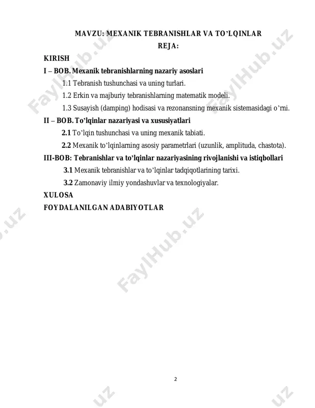 irish juda muhim. kurs ishining maqsadi va vazifalari. ushbu kurs ishi mexanik tebranishlar va to’lqinlar haqidagi nazariy bilimlarni o’rganish, ularning matematik ifodalanishi va xususiyatlarini tahlil qilish hamda ularni turli sohalarda qo’llash imkoniyatlarini tadqiq etishga qaratilgan. ishda quyidagi vazifalarni amalga oshirish rejalashtiriladi:  mexanik tebranishlarning asosiy nazariy tamoyillarini aniqlash.  mexanik to’lqinlarning tabiati va ularning parametrlarini o’rganish.  ushbu hodisalarni amaliy muammolarda qo’llash yo’nalishlarini ko’rsatish.  tajriba va modellashtirish orqali olingan natijalarni tahlil qilish. tadqiqotning uslubiy asoslari. tadqiqotda mexanika va fizikaga oid nazariy manbalar, matematik modellashtirish usullari, laboratoriya tajribalari va kompyuter simulyatsiyalari qo’llaniladi. shuningdek, zamonaviy ilmiy yondashuvlar va ilg’or texnologiyalar asosida jarayonlarni tahlil qilish rejalashtirilgan. ishning ilmiy yangiligi va ahamiyati. mazkur kurs ishi doirasida mexanik tebranishlar va to’lqinlarning bir qator amaliy misollar orqali chuqur o’rganilishi ko’zda tutilgan. tadqiqot natijalari muhandislik, seysmik xavfsizlik va texnika sohalarida yangi imkoniyatlarni yoritib berishi mumkin. 4 shuningdek matematik modellashtirish, mexanik sistemalarning tahlili, tajribalar va zamonaviy kompyuter …