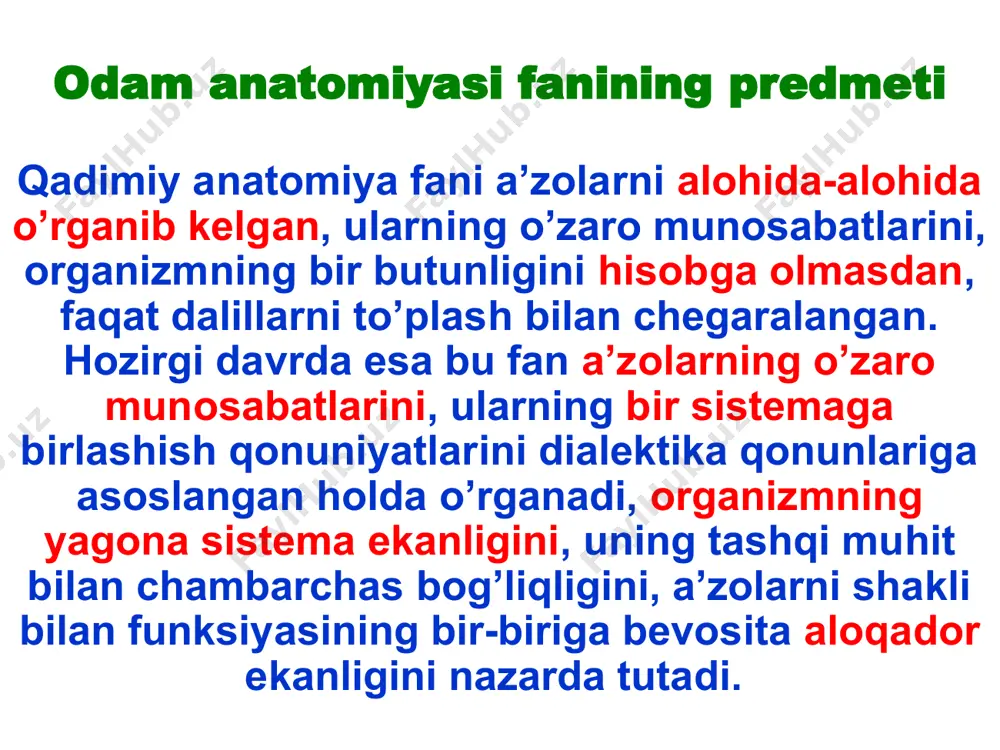 tib qolvuchi kimyoviy moddalar yuborib, ekranda ko’rish (rentgenoskopiya) yoki rasmini olish (rentgenografiya) yo’li bilan o’rganiladi. 8. paypaslab (palpatio) o’rganish usuli. 9. perkussiya (percussio) - barmoq yoki bolg’acha bilan urib aniqlash usuli. (bu ikki usul kasalni ko’rish paytida qo’llanilib, a’zo chegaralarini o’rganishda keng foydalaniladi.) 10. auskultasiya (auscultatio - eshitib ko’rish) usuli - maxsus eshituv asboblari yordamida a’zolar (yurak va o’pka) ning ishlab turgan paytidagi tovushi eshitiladi. bu usul a’zolarning normal yoki kasallik holatini aniqlashda katta yordam beradi. 11. mikroskopda ko’rib o’rganish usuli. bu usulda a’zolarning nozik tuzilishlari maxsus bo’yalib, mikroskoplar yordamida o’rganiladi. odam anatomiyasi fanining usullari anatomiya fanining qisqacha tarixi anatomiya fani boshqa fanlar qatori juda uzoq rivojlanish yo’lini bosib o’tdi. ammo qadim zamonlarda hukm surgan diniy aqidalarga ko’ra, murdalarni kesib o’rganish gunoh hisoblangan. shuning uchun murdalarni kesib o’rganishga intilganlar hatto o’lim jazosiga ham hukm etilgan. binobarin, odam organizmini yorib o’rganish ilmiy tibbiyot, davridan ancha keyinroq boshlangan. lekin qadimiy misrda va …