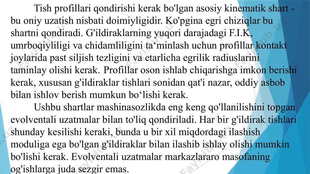 ning uzluksiz ilashish shartiga ko‘ra > l bo‘lishi kerak. tishli uzatmalarning asosiy kinematik parametri uzatish soni (uzatish nisbati) u bo‘lib, u quyidagi munosabatlar orqali ifodalanishi mumkin: u = n1 / n2 = w1 / w2 = z2 / z1 = d2 / d1 tayyorlash aniqligi va uning uzatma sifatiga ta’siri. qadam va profil shakli xatoliklari uzatmaning kinematik aniqligi ya ravon, bir tekis ishlashini buzadi. uzatmada faqat uzatishlar nisbatining o‘rtacha qiymati o‘zgarmasdan saqlanadi. uzatishlar nisbati (i) ning oniy qiymati aylanish jarayonida davriy ravishda o‘zgarib turadi. bundan tashqari, tezkor kuch uzatmalarida bu xatoliklar qo‘shimcha dinamikaviy yuklanishlar, zarbalar va shovqinning ilashmada paydo bo‘lishiga olib keladi. gost 1643-81 da tishli uzatmalarning tayyorlanish aniqligi 12 ta aniqlik darajasi bilan belgilangan bo‘lib, har bir aniqlik darajasi uchta ko‘rsatkich bilan tavsiflanadi: kinematik aniqlik me’yori; ravon ishlash me’yori; tishlar kontaktining me’yori. uzatmaning qanday vazifani bajarishi va ish sharoitiga bog‘liq ravishda aniqlik darajasi tanlanadi. 6 - (yuqori aniq), 7 …