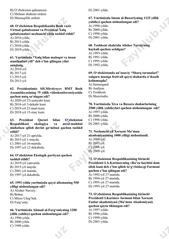 an fuqarolar viloyat, tuman, shahar kengashlariga deputatlikka saylanishi mumkin? a) 35 yosh. b) 25 yosh. c) 21 yosh. d) 18 yosh. 49. afg‘oniston va o‘zbekiston o‘rtasida diplomatik hamkorlik nechanchi yili o’rnatilgan? a) 1992-yil 13-oktyabr b) 1993-yil 14-sentyabr c) 1992-yil 4-dekabr d) 1993-yil 25-sentyabr 50. amir temur tavalludining 660 yilligi tantanalari xalqaro miqiyosda qaysi shaharda nishonlandi? a) parij b) london c) samarqand d) shahrisabz 51. 1996-yil iyunda islom karimov qaysi aqsh prezidenti bilan rasmiy uchrashdi? a) bill klinton b) jorj bush c) barak obama c) donald tramp 52. aqshni sinovli damlarda qo‘llab-quvvatlagani uchun islom karimov amerika jamoatchiligi tomonidan qanday mukofot bilan taqdilandi? a) “do‘stlik” ordeni b) “jasorat” ordeni c) “xalqaro miqyosdagi lider” d) “xx asr odami”. 53. o‘zbekiston respublikasi va rossiya federatsiyasi o‘rtasidagi strategik sheriklik to‘g‘risidagi shartnoma qachon imzolangan? а) 1992-yil b) 1998-yil c) 2004-yil d) 2005-yil 54. sammit – ... a) (lot. – chegaralamoq, ajratmoq) b) (ingl. – tepa, yuqori, …