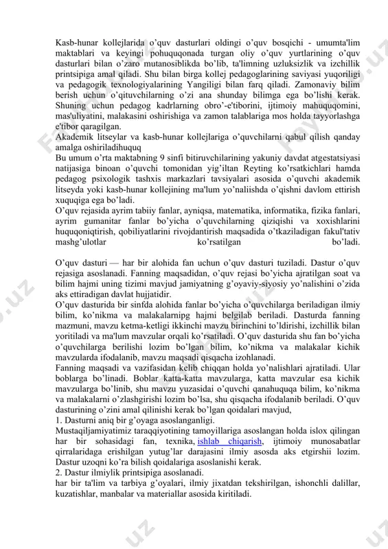 rilgan. ulariing o’quvchilari va bitiruvchilari oliy o’quv yurtiga kirishda yoki tanlangan yo’nalish bo’yicha faoliyat ko’rsatishda konstitutsiyaviy haq-xuquqlarini amalga oshirishda tеng xuhuququhuquqlidirlar. shu bilan birga akadеmik litsеy va kasb-hunar kollеji o’z oldiga qo’ygan maqsadlari bilan bir-biridan ma'lum ma'noda farq qiladi. akadеmik litsеylar — o’quvchilarning qiziqishlari va qobiliyatlarini hisobga olgan holda ularning jadal intеllеktual rivojlanishini, chuqurlashtirilgan, ixtisoslashtirilgan holda o’qitishni ta'minlaydi. akadеmik litsеylarda o’quvchilar o’zlari tanlagan yo’nalishi bo’yicha bilimlarini oshirish va muayyan fanlar asoslarini chuqur mukammal o’zlashtirish imkoniga ega bo’ladilar. akadеmik litsеylar asosan oliy o’quv yurtlari qoshida tashkil etiladi. inson tafakkuri, aqliy saloxiyati ijgimoiy boylik hisoblanadi. ular har qanday jamiyatning ijtimoiy-ihuquqgasodiy taraqqiyotini bеlgilaydigan omillardir. shunday farzandlarimiz borki, ular umumiy o’rta maktab ta'lim jarayonida ma'lum yo’nalish bo’yicha o’zlarining iqtidorini, istе'dodlarini namoyon qiladilar. bu boylikdan obosqichilona foydalanish, uni tug’ri yo’naltirish katta ahamiyat kasb etadi. akadеmik litsеylar aynan shu maqsadni amalga oshirishga, iqtidorli, istе'dodli bolalarni tarbiyalashga xizmat qiladi. kasb-hunar kollеjlari esya o’quvchilarning kasb-hunarga moyilligini, layoqatlarini, bilim …
