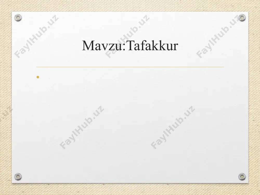 1990 йил/ китобида та факкурга куйидагича таъриф берган. «тафаккур атроф мухитдаги вокеликни нутк ёрдами билан бавосита, умумлашган холда акс эттируви психик простесс, состиал сабабий богланишларни англашга, янгилик очишга ва прогноз килишга йуналтирилган аклий фаолиятдир». бизнингча, ушбу таърифда тафаккурнинг энг мухим хусуситялари ва функстиялари санаб утилган. insayt – oydinlashuv … muammoning yechimi ba’zan birdan, yorqin yulduzday yarq etib paydo bo’ladi. bunday psixologik holat psixologiyada insayt – oydinlashuv deb ataladi тафаккур жараёнлари. тафаккур куйидаги жараёнларда юз беради. анализ ва синтез. таккослаш. абстракстиялаш. умумлаштириш. конкретлаштириш. классификастиялаш. системалаштириш. fikrlash jarayonini ta’minlovchi operatsiyalar klassifikatsiyasi fikrlash operatsiyalari analiz sintez mavhumlash-tirish taqqoslash umumlash-tirish fikrlash jarayonini ta’minlovchi operatsiyalar klassifikatsiyasi 1 2 3 4 5 analiz (fikran narsa va hodisalarga taalluqli sifat va xususiyatlarni alohida qilib ajratish, tahlil qilish) sintez (analiz jarayonida ajratilgan qismlarni yana fikran birlashtirish, qo’shish) mavhumlashtirish (alohida biror xususiyatni ajratib, boshqa- laridan fikrni chalg’itish, ayrim xossani mavhumlashtirish) taqqoslash (predmetlar va ularga xos bo’lgan xususiyatlarni fikran bir-biriga …