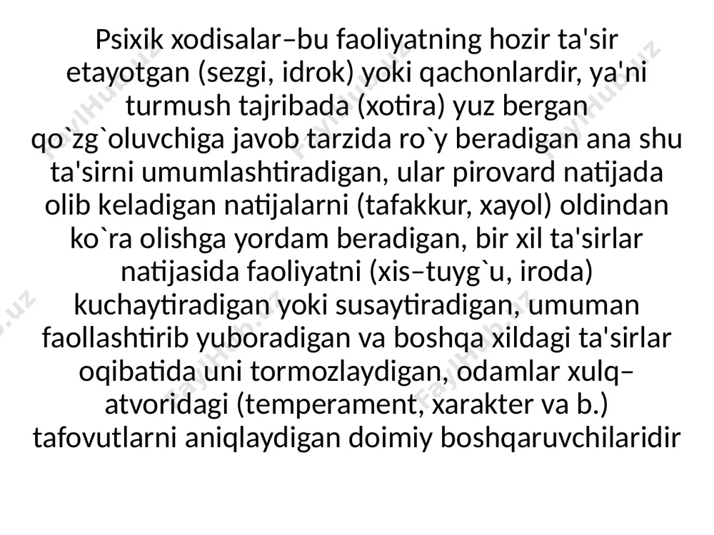 boshqaruvchisidir. psixik jarayonlar o`z navbatida bilish jarayonlari, emotsional jarayonlar, shaxsning irodaviy xolatlari va shaxsning individual xususiyatlari dеb nomlangan qismlarga bo`lib o`rganiladi. image1.jpeg image2.jpeg image3.jpeg image4.jpeg image5.jpeg image6.jpeg image7.jpeg image8.jpeg