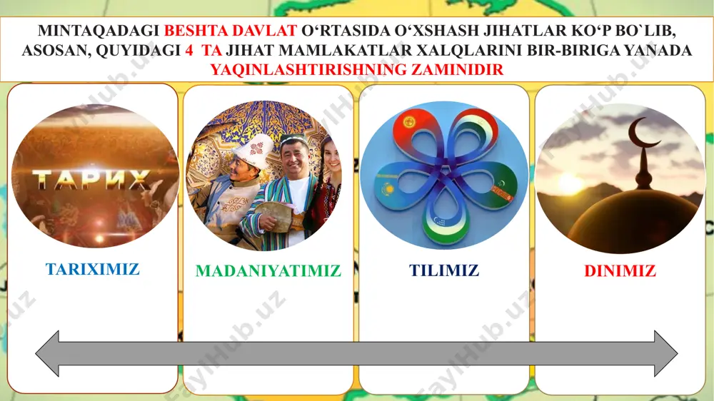 lika turkman madaniyat markazi faoliyat olib borayotir o‘zbekistonning turli viloyatlarida turkman millatiga mansub qariyb 170 ming aholi yashab, 70 ta maktabda turkman tili o‘qitilmoqda 2017-yil shavkat mirziyoyev turkmaniston prezidenti taklifi bilan ikki marta (mart, may) turkmanistonga tashrif buyurdi 2017-yil mart oyidagi muzokaralar yakunida prezidentlar o‘zbekiston bilan turkmaniston o‘rtasida strategik sheriklik to‘g‘risidagi shartnomani imzoladilar. ikki mamlakat vazirlik va idoralari o‘rtasida quyidagi sohalarga oid hujjatlar imzolandi iqtisodiyot kimyo sanoati qishloq xo‘jaligi temir yo‘l transporti madaniy-gumanitar 1-savol: prezidentimiz shavkat mirziyoyev birinchi marotaba qaysi davlatga 2017-yilda taklifi bilan ikki marta (mart, may) tashrif buyurgan edi? a) tojikistonga. b) qozog`istonga. c) turkmanistonga. d) qirg`izistonga. c) turkmanistonga. 2-savol: yurtimizda nechanchi yilda tashkil etilgan respublika turkman madaniyat markazi faoliyat olib borayotir? a) 1999-yilda c) 2000-yilda b) 2001-yilda d) 2002-yilda b) 2001-yilda 2-rejasi asosida bilimlarni mustahkamlaymiz! 3-savol: o‘zbekiston va turkmaniston respublikalari qaysi transchegaraviy daryodan foydalanishda bir qator bitim va shartnomalar imzolagan? a) amudaryodan b) sirdaryodan c) zarafshon daryosidan …