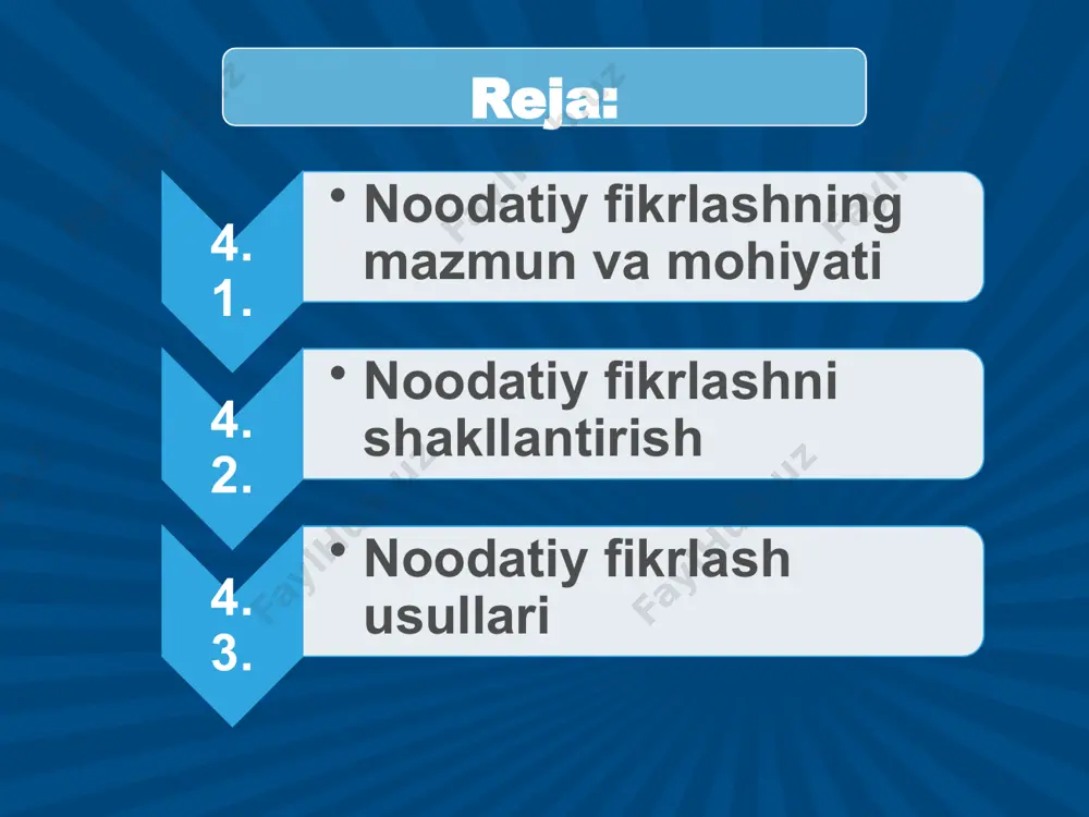 ytganligini ta’kidladi. (bu talaba buyuk fizik, nobel mukofoti sovrindori nils bor (1885-1962 y) edi. barcha insonlar ma’lum ma’noda noodatiy fikrlashga ega bo’lishi mumkin: − ijodiy fikrlash; − kreativ fikrlash; − yangi g’oyalarni o’ylab topish imkoniyati; − noodatiy qarorlarni o’ylab topish qobiliyati. xo’sh, nima uchun biz noodatiy tafakkurni shakllantirishimiz zarur? buning sabablarini sanab o’tishimiz mumkin: − siz tanlagan har bir ishda muvaffaqiyatga erishish; − hayotingiz yorqin, qiziqarli va baxtga yo’g’rilgan bo’lishi; − ko’pchilik topa olmagan ixtiyoriy mushkul vaziyatdan chiqish yo’lini topa olish; − osongina millioner bo’lish, mayli, hech bo’lmasa, shunchaki, boy bo’lish; − yaqin do’stlar qurshovida bo’lish (xuddi shunday noodatiy tafakkur bilan). − doimo hazil-mutoyiba qilish va doim ko’tarinki kayfiyatda yurish imkoniga ega bo’lish; edvard de bono (1933-2021) edvard de bono ijodiy va kontseptual fikrlash bo'yicha dunyoga mashhur mutaxassis , dunyoning 35 tiliga tarjima qilingan 64 ta kitob muallifi, psixologiya fanlari doktori, oksford universitetining “fikrlashni o'rganish” markazi rahbari matematiklar “yigirmata masalani …