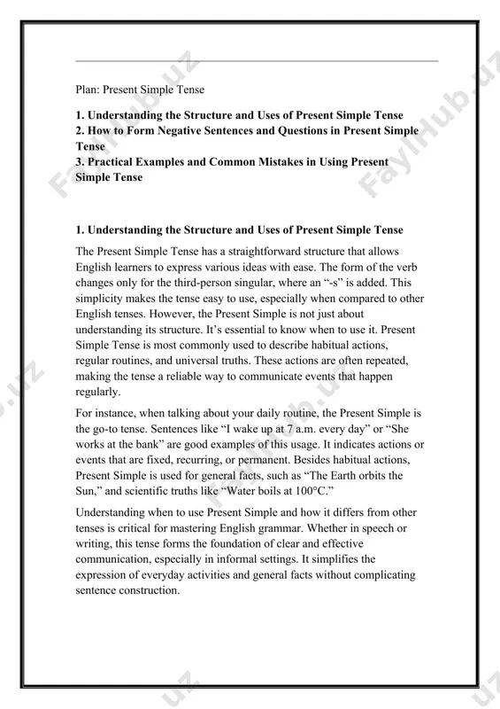 lly in informal settings. it simplifies the expression of everyday activities and general facts without complicating sentence construction. 2. how to form negative sentences and questions in present simple tense one of the key aspects of present simple tense is the ability to form negative sentences and questions with ease. in the negative form, the auxiliary verb “do” (or “does” for third-person singular) is followed by “not,” creating a clear and easy-to-understand structure. this allows speakers to negate simple facts, actions, or habits. for example, “i do not like chocolate” is a negative sentence expressing a general dislike. similarly, “she does not play basketball” can be used to describe an action that does not happen regularly. forming questions in present simple tense is just as easy. to create questions, the auxiliary verb “do” or “does” is placed before the subject. this construction helps to inquire about daily activities or general …