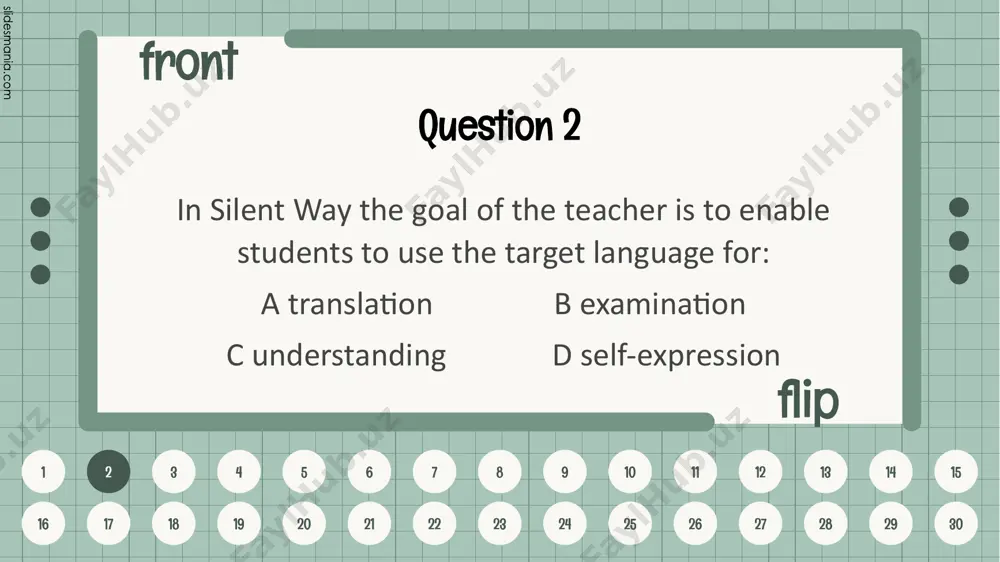 the focus of the natural approach when it comes to a student's language production? a following all grammar rules b pronouncing words correctly c communicating a message d using idioms and phrases 17 front flip 1 2 3 4 5 6 7 8 9 10 11 12 13 14 15 16 17 18 19 20 21 22 23 24 25 26 27 28 29 30 question 18 what is the main idea behind the input hypothesis? a learners need language they can understand b learners need to receive all language instruction from teachers c learners need the challenge of difficult language d learners need exposure to easy-to-understand language only 18 front flip 1 2 3 4 5 6 7 8 9 10 11 12 13 14 15 16 17 18 19 20 21 22 23 24 25 26 27 28 29 30 question 19 in natural approach, when talking to …