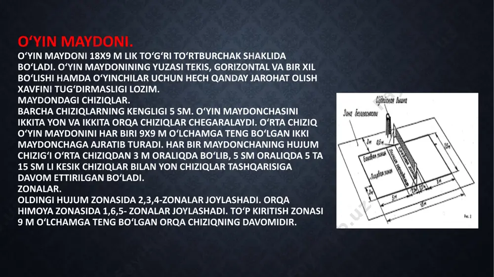 inchi hakamga xabar beradi. o'yin davomida ikkinchi hakam qaror qabul qiladi, hushtak chaladi va ishora bilan ko'rsatadi: qabul qiluvchi jamoa safidagi xatolar; o'yinchilar tarmoq yoki antennaga tegishi; maydonga va raqibning to'r ostidagi maydoniga o'tish; hujum qilish yoki blokirovka qilishda xatolar; 1-hakam bu teginishni ko'ra olmasa, to'p begona narsaga yoki polga tegsa; to'p to'rni raqib maydonchasiga to'liq yoki qisman o'tish joyidan tashqarida kesib o'tadi yoki maydonning o'zi tomonidagi antennaga tegadi. o'yin tugagandan so'ng u protokolni imzolashi kerak. kotib kotib o‘z faoliyatini yuritish uchun birinchi hakam qarshisidagi ustun ortida (ikkinchi hakam orqasida) joylashadi. kotib quyidagi vazifalarni bajaradi: o‘yin bayonnomasiga o‘yin va jamoa haqidagi ma’lumotlarni yozadi; yig‘ilgan ochkolar, tanaffuslar, o‘yinchilarni almashtirish; jazo choralari, to‘pni o‘yinga kiritish navbatlarini yozib boradi va nazorat qiladi; yuqorida ko‘rsatib o‘tilgan vaziyatlar buzilganda, ikkinchi hakamga xabar qiladi. chiziq hakamlari chiziq hakamlari (4 ta bo‘lganda) maydonning har bir burchagidan 1–3 m uzoqlikda joylashadilar va o‘z chiziqlarini nazorat qiladilar. agar o‘yinda …