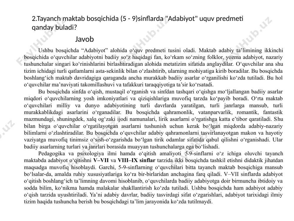 kuri taraqqiyotiga ta’sir ko‘rsatadi. bu bosqichda sinfda o‘qish, mustaqil o‘rganish va sinfdan tashqari o‘qishga mo‘ljallangan badiiy asarlar miqdori o‘quvchilarning yosh imkoniyatlari va qiziqishlariga muvofiq tarzda ko‘payib boradi. o‘rta maktab o‘quvchilari milliy va dunyo adabiyotining turli davrlarda yaratilgan, turli janrlarga mansub, turli murakkablikdagi asarlarini o‘rganadilar. bu bosqichda qahramonlik, vatanparvarlik, romantik, fantastik mazmundagi, shuningdek, xalq og‘zaki ijodi namunalari, lirik asarlarni o‘rgatishga katta e’tibor qaratiladi. shu bilan birga o‘quvchilar o‘rgatilayotgan asarlarni tushunish uchun kerak bo‘lgan miqdorda adabiy-nazariy bilimlarni o‘zlashtiradilar. bu bosqichda o‘quvchilar adabiy qahramonlarni tasvirlanayotgan makon va hayotiy vaziyatga muvofiq tinimsiz o‘sish-o‘zgarishda bo‘lgan tirik odamlar sifatida qabul qilishni o‘rganishadi. ular badiiy asarlarning turlari va janrlari borasida muayyan tushunchalarga ega bo‘lishadi. pedagogika va psixologiya ilmi hamda o‘qitish amaliyoti 5-9-sinflarni o‘z ichiga oluvchi tayanch maktabda adabiyot o‘qitishni v–vii va viii–ix sinflar tarzida ikki bosqichda tashkil etishni didaktik jihatdan maqsadga muvofiq hisoblaydi. garchi, 5-9-sinflarning o‘quvchilari bitta tayanch maktab bosqichiga mansub bo‘lsalar-da, amalda ruhiy xususiyatlariga ko‘ra bir-birlaridan …