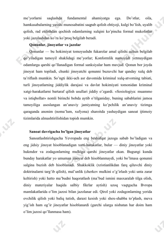 i. shakkoklik (xristianlikdan farq qiluvchi diniy doktrinalarni targ’ib qilish), mal’unlik (cherkov mulkini o’g’irlash yoki unta zarar keltirish) yoki hatto ma’budni haqoratlash (ma’bud ismini masxaralab tilga olish, diniy materiyalar haqida salbiy fikrlar aytish) uzoq vaqtgacha bvropa mamlakatlarida o’lim jazosi bilan jazolanar edi. qirol yoki zodagonlarning yerida ovchilik qilish yoki baliq tutish, daraxt kesish yoki shox-shabba to’plash, meva yig’ish ham og’ir jinoyatlar hisoblanardi (garchi ularga nisbatan har doim ham o’lim jazosi qo’llanmasa ham). oddiy fuqaro ikkinchi bir fuqaroni o’ldirishi yuqorida bayon qilingan jinoyatlar kabi jiddiy hisoblanmas edi. jinoyatchi ko’pincha jabrlanganning qarindoshlariga ma’lum miqdorda pul to’lab, gunohini yuvishi mumkin edi. ba’zan esa qurbon bo’lganning oilasi ishni o’zi adolatli hal qilish uchun aybdorni o’ldirar edi. mana shunday usul bilan jazolash, ya’ni qonli qasos yuzaga keltiradigan muammo shunda ediki, birinchi qotilning oilasi ikkinchi qotilga nisbatan xuddi shu tarzda reaksiya qilishi va shu tariqa qatl qilishlarning uzun zanjiri paydo bo’lar edi. janubiy italiyaning ba’zi tumanlarida qonli …
