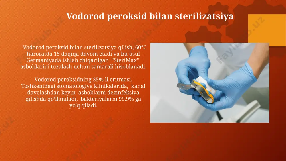 ta'minlaydi va samarqanddagi tibbiyot muassasalarida ma'qul deb topilgan. quruq issiqlik sterilizasiyasi 160-180°c haroratda, kamida 2 soat davomida amalga oshiriladi va asboblarning toʻliq sterillashuvini ta'minlash uchun muhim ahamiyatga ega boʻlib, toshkentdagi stomatologik klinikalarda keng qoʻllaniladi. past haroratli plazma sterilizatsiyasi past haroratli plazma sterilizatsiyasi, vodorod peroksid va plazma energiyasidan foydalangan holda, 40-50°c haroratda 35-70 daqiqada tibbiyot asboblarini samarali sterilizatsiya qilish imkonini beradi. oʻzbekistondagi stomatologiya klinikalarining 2020-yilgi maʼlumotlariga koʻra, past haroratli plazma sterilizatsiyasi usuli 90% dan ortiq mikroorganizmlarni, shu jumladan, clostridium difficile sporalarini yoʻq qiladi. past darajali dezinfektsiyalash o'tgan asrning 70-yillarida samarqand stomatologiya klinikalarida past darajali dezinfektsiyalash uchun 1% li xloramin eritmalari keng qo'llanilgan bo'lib, bu usulning samaradorligi cheklangan edi. 1980-yillarning oxirida andijon viloyatida past darajali dezinfektsiyalash uchun 2% li glutaraldegid eritmalari sinovdan o'tkazilgan, biroq ularning yuqori toksikligi tufayli keng qo'llanilmagan. sterilizatsiya tushunchasi va ahamiyati to‘g‘ri sterilizatsiya qilish toshkentdagi zamonaviy stomatologiya markazlarida 99,99% mikroblarni yo‘q qiladi va bemorlarning sog‘lig'ini himoya qilishda hal qiluvchi …