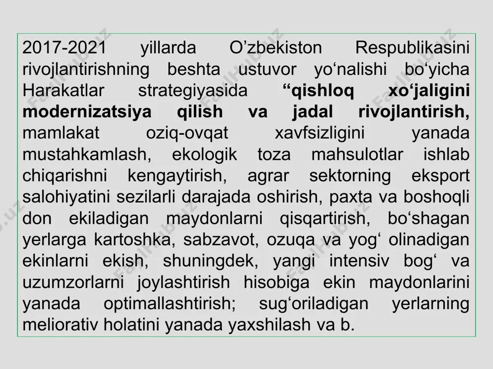 logiya sharoitlar melioratsiyasi gidrogeologiya sharoitlar melioratsiyasi tuproq melioratsiyasi * iqlim, tuproq va suv manbalarining noqulay sharoitlarini yaxshilash bo’yicha melioratsiya quyidagi turlarga bo’linadi * melioratsiya turlari gidrotexnika melioratsiya suv xo‘jalik melioratsiyasi mexanik melioratsiya kimyoviy melioratsiya agrotexnika melioratsiyasi biologik melioratsiyasi * sug’orish tarmoqlari kollektor-zovur tarmoqlari suv chiqarish inshootlari suv omborlari selga qarshi inshootlar gidrotexnika melioratsiya * suv xo‘jalik melioratsiyasi sug’orish va zax qochirish inshootlaridan to’g’ri foydalanish suvdan samarali, tejab-tergab foydalanish suv isrofgarchiligiga qarshi ko’rash * agrotexnika melioratsiyasi yer tekislash ehotazorlar barpo etish chuqur shudgorlash tuproqni yumshatish zararli tuzlar va kimyoviy moddalarni yuvish yerga sifatli ishlov berish tuproqni tilmalash * almashlab ekish tuproqqa organik moddalar solish bug’lanish va tuz to’planishini kamaytiradigan ekinlarni ekish tuz ta’siriga chidamli ekinlarni ekish tuproq tarkibidagi zaharli moddalarni o’ziga so’rib oladigan o’simliklarni ekish biologiya melioratsiyasi * kimyoviy melioratsiya shurtop tuproqlarni gipslash, ohaklash, fosfogipslash zichlangan tuproqlar donadorligini oshirish shamol eroziyasidan saqlash uchun (ssb, pva) kimyoviy birikmalarni sepish * mexanik melioratsiya …