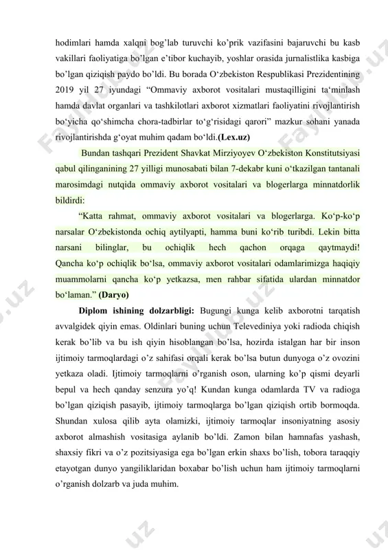 hbar sifatida ulardan minnatdor bo‘laman.” (daryo) diplom ishining dolzarbligi: bugungi kunga kelib axborotni tarqatish avvalgidek qiyin emas. oldinlari buning uchun televediniya yoki radioda chiqish kerak bo’lib va bu ish qiyin hisoblangan bo’lsa, hozirda istalgan har bir inson ijtimoiy tarmoqlardagi o’z sahifasi orqali kerak bo’lsa butun dunyoga o’z ovozini yetkaza oladi. ijtimoiy tarmoqlarni o’rganish oson, ularning ko’p qismi deyarli bepul va hech qanday senzura yo’q! kundan kunga odamlarda tv va radioga bo’lgan qiziqish pasayib, ijtimoiy tarmoqlarga bo’lgan qiziqish ortib bormoqda. shundan xulosa qilib ayta olamizki, ijtimoiy tarmoqlar insoniyatning asosiy axborot almashish vositasiga aylanib bo’ldi. zamon bilan hamnafas yashash, shaxsiy fikri va o’z pozitsiyasiga ega bo’lgan erkin shaxs bo’lish, tobora taraqqiy etayotgan dunyo yangiliklaridan boxabar bo’lish uchun ham ijtimoiy tarmoqlarni o’rganish dolzarb va juda muhim. men you tube platformasida yaratgan “yosh onalar maktabi” kanalimda farzandni qanday qilib ham jismonan, ham ma’nan yetuk inson qilib voyaga yetkazish haqida ma’lumot berib, videokontentlar tayyorlayman. diplom …