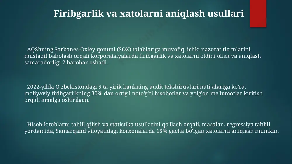 7 tasida hisobotlarni tayyorlashda hisob-kitob xatolari va noto'g'ri klassifikatsiya kabi kamchiliklar aniqlandi, bu esa aniqlik va ishonchlilikni pasaytiradi. tekshirish jarayonida 2023-yilda toshkent shahridagi 5 ta kompaniyada o'tkazilgan audit tekshiruvlari natijalariga ko'ra, moliyaviy hisobotlardagi xatolar soni o'rtacha 15% ni tashkil etdi, bu esa katta miqdordagi yo'qotishlarga olib kelishi mumkin. xalqaro audit standartlari (isa)ga muvofiq, 2022-yilda andijon viloyatida amalga oshirilgan 25 ta tekshiruvning 3 tasida muhim moliyaviy xatolar aniqlangan bo'lib, bu esa tekshiruvchi auditorlarning diqqatini kuchaytirish zarurligini ko'rsatadi. huquqiy javobgarlik va jazo choralari auditorlarning xato yoki firibgarlikdagi ishtiroki uchun 100.000 aqsh dollari miqdorida jarima va professional litsenziyaning 3 yil muddatga bekor qilinishi samarkanddagi audit kompaniyalari uchun ogohlantiruvchi misol bo'lishi mumkin. korrupsiya va firibgarlik harakatlari uchun javobgarlik to'g'risidagi qonunchilikda, masalan, buxoro viloyatida 2022-yilda aniqlangan 15 ta holatda, 300 ming aqsh dollarigacha jarima va mulk musodara qilish choralari qo'llanilgan. o'zbekiston respublikasining jinoyat kodeksining 168-moddasiga ko'ra, 500 mln. so'mdan ortiq miqdorda yolg'on ma'lumotlar taqdim etish …