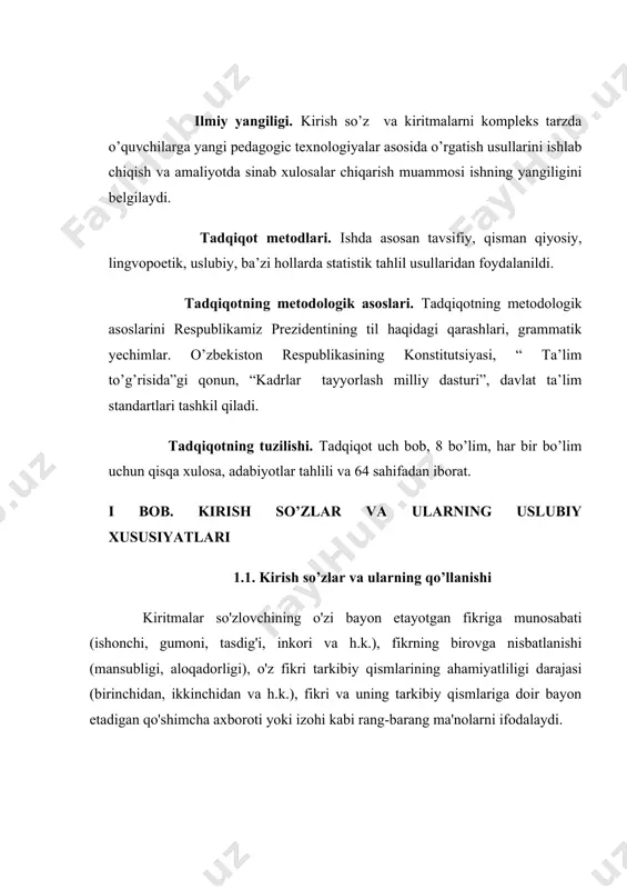 un eng bebaho bezakdir. 9. baxtga qarshi, saida uning xohishini payqamadi.(a.q.) 10. dunyoda hech bir xalq to'g'ri kelolmas, mening bilishimcha, sening elingga. (h.o.) 11.to'g'ri, u aravani quruq olib qochadigan maqtanchoqlardan emas. ("mushtum") 12.ehtimol, bu ishni o'zing bajararsan. (h.no'mon) 13. chindan ham, mashina dehqonning og'irini yengil qiladigan zabardast kuchga aylandi. (gazetadan) bilib oling.yuqoridagi gaplarda ajratib ko’rsatilgan qismlar kiritmalar deyiladi.kiritmalar gapning, xususan, matnning umumiy mazmuniga aloqador bo’lsa-da, gapdagi biror bo’lak bilan hokim-tobelik aloqasiga kirmaydi, shuning uchun ular gapdagi boshqa bo’laklardan yozuvda vergul, tire, ba’zan qavslar bilan, talaffuzda esa to’xtamlar bilan ajratiladi. kiritmalar barcha bo'laklar kabi sodda va murakkab bo'ladi. sodda kiritmalar so'zlar va so'z-gaplar bilan, murakkab kiritmalar esa so'z birikmalari, kengaygan birikmalar va gaplar bilan ifodalanadi. kiritma gaplar juda keng qo'llaniladigan soha dramatik nutqdir.bu nutqda qahramon nutqi qay tarzda bayon etilishi remarkalarda (personaj nomi bilan uning nutqi oralig'idagi qavslarda) ko'rsatib borilad. kirish elementlari gapning taklif mazmunini tushuntirish, aniqlashtirish, to‘ldirish uchun mo‘ljallangan.so`zlovchi bildirilgan …