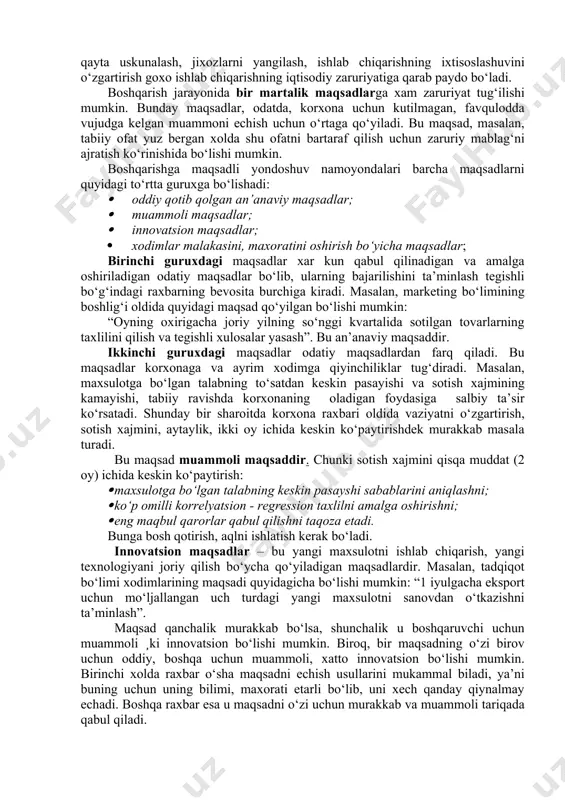 hi va real ijtimoiy-iqtisodiy sharoitlarni xisobga olgan xolda unga aniqliklar kiritish. · 2005 va undan keyingi yillar - to‘plangan tajribani taxlil qilish va umumlashtirish asosida mamlakatni ijtimoiy-iqtisodiy rivojlantirish istiqbollariga muvofiq kadrlar tayyorlash tizimini takomillashtirish va yanada rivojlantirish . uzluksiz maqsadlar deganda xar kuni qabul qilinadigan va amalga oshiriladigan odatiy maqsadlar tushuniladi. masalan, mexnat unumdorligini o‘stirish, intizomni mustaxkamlash, maxsulot tannarxini pasaytirish, maxsulot sifatini oshirish kabilar muntazam, kunda talab qilinadigan maqsadlardir. fursatli maqsadlar deganda biror bir muammoni xal etish zaruriyati tug‘ilgan xollarda paydo bo‘ladigan maqsadlar tushuniladi. masalan, korxonani qayta uskunalash, jixozlarni yangilash, ishlab chiqarishning ixtisoslashuvini o‘zgartirish goxo ishlab chiqarishning iqtisodiy zaruriyatiga qarab paydo bo‘ladi. boshqarish jarayonida bir martalik maqsadlarga xam zaruriyat tug‘ilishi mumkin. bunday maqsadlar, odatda, korxona uchun kutilmagan, favqulodda vujudga kelgan muammoni echish uchun o‘rtaga qo‘yiladi. bu maqsad, masalan, tabiiy ofat yuz bergan xolda shu ofatni bartaraf qilish uchun zaruriy mablag‘ni ajratish ko‘rinishida bo‘lishi mumkin. boshqarishga maqsadli yondoshuv namoyondalari barcha maqsadlarni …