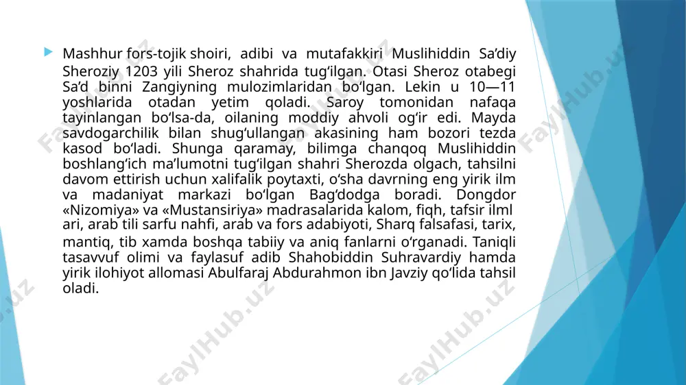 ik zikrida; to‘qqizinchi bob — tavba va savob yo‘li zikrida; o‘ninchi bob — munojot va kitob xotimasi zikrida. «guliston» sakkiz bobdan iborat bo‘lib, uning tarkibiy tuzilishi quyidagicha: debocha; birinchi bob - podshohlar siyrati zikrida: ikkinchi bob — darveshlar axloqi zikrida; uchinchi bob — qanoat fazilati zikrida; to‘rtinchi bob sukut saqlashning foydalari zikrida; beshinchi bob — ishq va yoshlik zikrida; oltinchi bob — qarilik va zaiflik zikrida; yettinchi bob - tarbiyat ta’siri zikrida; sakkizinchi bob — suhbat odobi zikrida. sa’diyni g‘azal janrining kashshofi va ustodi sifatida ham ulug‘lashadi, chunki ungacha forsiy sheriyatning yetakchi janrlari qasida, doston, masnaviy, qit’a va ruboiy edi. rudakiy, sanoiy, xoqoniy, jamodiddin va kamoliddin isfahoniylar ko‘plab g‘azallar yozgan bo‘lsalar-da, ular qasida va qit’a xarakteriga ega bo‘lib, o‘zaro mustaqil alohida baytlardan g‘azal yaratish an’anasini sa’diy boshlab berdi. u g‘azalchilikdagi o‘zigacha olib borilgan izlanish va tajribalarni rivojlantirib, g‘azalni takomilga yetkazdi, keyin xusrav dehlaviy, hasan dehlaviy, xoju kirmoniy kabi zabardast shoirlar …