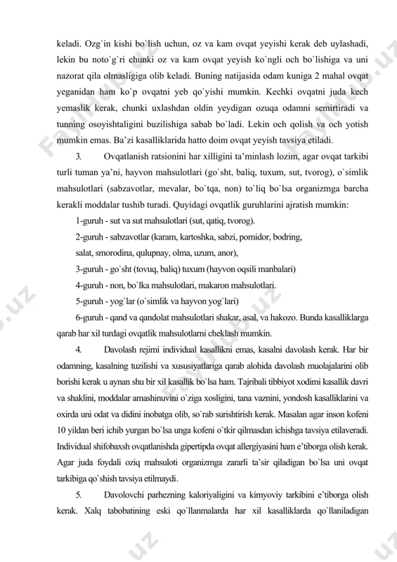 ini, yondosh kasalliklarini va oxirda uni odat va didini inobatga olib, so`rab surishtirish kerak. masalan agar inson kofeni 10 yildan beri ichib yurgan bo`lsa unga kofeni o`tkir qilmasdan ichishga tavsiya etilaveradi. individual shifobaxsh ovqatlanishda gipertipda ovqat allergiyasini ham e’tiborga olish kerak. agar juda foydali oziq mahsuloti organizmga zararli ta’sir qiladigan bo`lsa uni ovqat tarkibiga qo`shish tavsiya etilmaydi. 5. davolovchi parhezning kaloriyaligini va kimyoviy tarkibini e’tiborga olish kerak. xalq tabobatining eski qo`llanmalarda har xil kasalliklarda qo`llaniladigan shifobaxsh davo vositalari aytilgan. hozirgi kunda mutaxasislar tomonidan quyidagi mahsulotlar shifobaxsh deb qabul qilingan: asal, kimiz, qatiq, sabzi, o`simlik yog`i, sabzavot va meva sharbatlari va hakozo. davolovchi parhezda ko`llaniladigan o`simlik moylaridan - kungaboqar, g`o`za, makkajo`xori, zaytun moyi yaxshi so`riladi va uning tarkibida juda ko`p yog` kislota va vitamin ye borki, bu aterosklerozda ahamiyatli vosita hisoblanadi, moy tarkibidagi to`yinmagan kislotalar himoya mexanizmini kuchaytiradi, infeksion kasalliklarga chidamliligini oshiradi. ularning tarkibidagi o`t haydovchilar ta’sirida xoletsistitni oldini olishga erishiladi. …