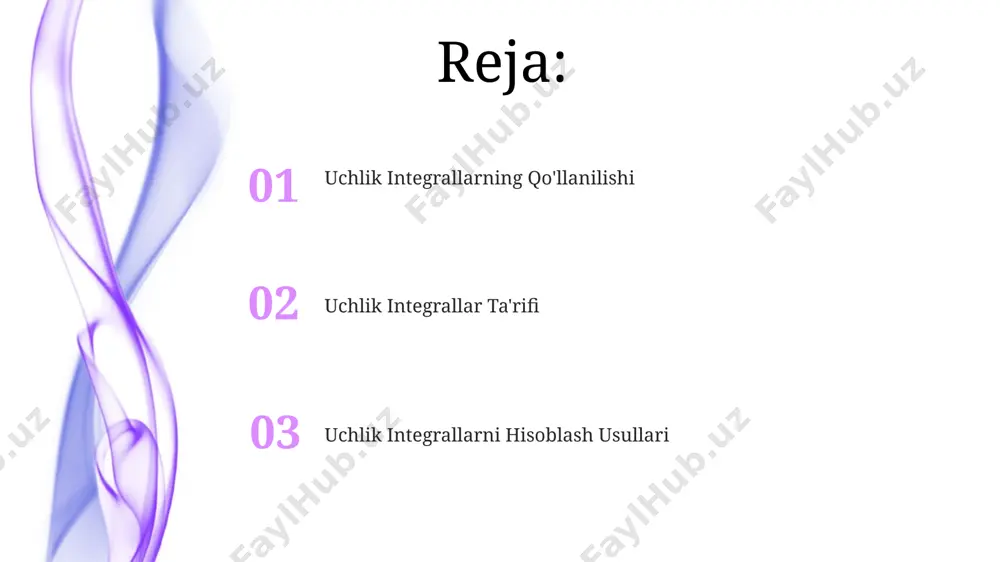 dydzdx tartibida hisoblash mumkin. hajmni hisoblash hajmni hisoblashda uch karra integralni qo'llash, 3 o'lchovli fazoviy sohada 1 dan 10 gacha bo'lgan chegaralar bilan chegaralangan murakkab geometrik shakllar hajmini aniqlash imkonini beradi. uch karra integral yordamida, zichligi ρ(x,y,z) funksiyasi bilan ifodalangan murakkab jismlarning massasini ∭ρ(x,y,z)dv formulasi yordamida aniqlash mumkin, bu yerda dv – hajmiy element. uch karra integralni hisoblash usullari murakkab chegaralarga ega integrallarni hisoblashda, 3 o'zgaruvchili almashtirish usuli yordamida hisoblashni soddalashtirish mumkin, bu esa integralni 1 yoki 2 o'zgaruvchili integralga aylantiradi. uch karra integralni hisoblashda koordinatalar sistemasini (dekart, silindrik yoki sferik) to'g'ri tanlash hisoblash jarayonini 2-3 marta soddalashtirishi mumkin, bu esa xatolik ehtimolini kamaytiradi. ixtiyoriy sohada uch karra integral ixtiyoriy sohada uch karra integralni hisoblashda, 3 o'lchovli fazoviy hududni 6 ta chegaraviy yuzaning tenglamalari yordamida aniqlash va tegishli integrallash tartibini tanlash muhimdir. ixtiyoriy sohada uch karra integrallarni hisoblashda almashtirish teoremasidan foydalanish, ayniqsa, murakkab chegaralarga ega bo'lgan hududlar uchun, 2 dan …