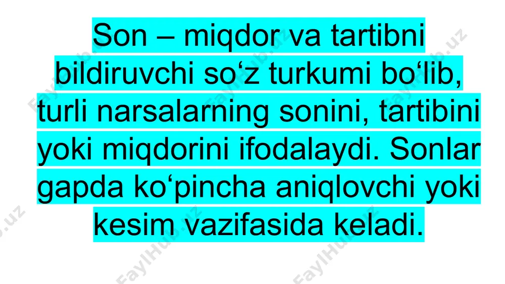 ydigan ot oldida kelib, gumon noaniqlik ma’nosini ifodalaydi: maqsud aka oybek ikkovimizga kula-kula bir voqeani aytib bergan edi. 2. bir soni fe’l, ot, sifat, ravish oldida kelib, kuchaytiruv ravishi (juda, g‘oyat) va kuchaytiruv yuklamasi (hatto) kabi ma’noni kuchaytirishga xizmat qiladi: bir chiroyli, bir yoqimli shamol turdi (s.ahmad). 3. bir soni sifatlovchi-sifatlanmish orasida kelganda ham ma’noni kuchaytiradi: gulnor uchun ulug‘ bir baxt shu uchrashuv bо‘ldi (a.q.) juvon asabiy bir harakat bilan rо‘molini olib о‘radi (a.q.). 4. ayiruv chegaralov yuklamalari (-gina, faqat) vazifasini bajarib, ayirish, chegaralash kabi ma’nolarni ifodalaydi: kamtarlik ham bir xislat («tafakkur gulshani»). mening ishonchim bir sensan. bunda bir sо‘zi –gina, faqat vazifasini bajargan. 5. bog‘lovchi vazifasida kelib, uyushiq gap bо‘laklarini yoki qо‘shma gap qismlarini bog‘lashga xizmat qiladi: bir kattaning gapiga kir, bir kichikning (maqol). 6. bir soni о‘zi bog‘lanib kelgan sо‘z bilan «hech kim», «hech qanday» olmoshlar ma’nosida keladi: kunlik normasini bajarmagan bir kishi qolmadi. 7. kesim vazifasini bajarib …