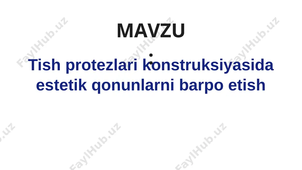 arni muvofiqlashtirish shakl tish protezlari konstruksiyasida tabiiy tishlarga o'xshash shakllarni yaratish muhimdir. har bir tishning o'ziga xos shakli va o'lchami hisobga olinishi kerak. rang protezin rangi bemorning tabiiy tishlarining rangiga mos kelishi kerak. bundan tashqari, bemorning teri rangi va soch rangini ham hisobga olish kerak. o'lcham va proporsiyalar protezin o'lchami va proporsiyalari bemorning yuz xususiyatlariga mos kelishi kerak. bu protezni tabiiy va uyg'un ko'rinishini ta'minlaydi. 1.7.2013 4 ‹#› tish protezlari konstruksiyasida simmetriya va ritm qonunlaridan foydalanish simmetriya simmetriya protezlarni estetik jihatdan chiroyli va muvozanatli qilib yaratishga yordam beradi. ritm ritm protezlarning umumiy ko'rinishini uyg'unlashtirishga yordam beradi. bu protezlarni tabiiy va jozibali qilib yaratishga imkon beradi. oltin kesma oltin kesma - bu estetik jihatdan chiroyli proporsiyalarni ta'minlaydigan matematik printsip. 1.7.2013 5 ‹#› tish protezlari konstruksiyasida kontrast kontrast kontrast protezlarni diqqatni jalb qiladigan qilib yaratishga yordam beradi. bu protezlarning vizual ta'sirini kuchaytiradi. yuz xolati protezni ko'rinishi bemorning yuz xolatiga mos kelishi kerak. …