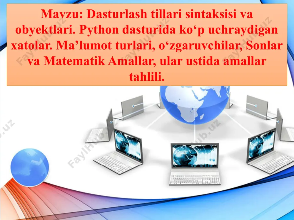 kodni sinchiklab ko'zdan kechirib chiqish talab qilinadi. reja: butun sonlar bilan ishlash o’nlik sonlar bilan ishlash python dasturida matematik amallar bilan ishlash kompleks sonlar bilan ishlash python dasturida const lar bilan ishlash python dasturida tasodifiy son funksiyalari bilan ishlash sonlar bilan ishlash integers — butun sonlar butun sonlarni ham o'zgaruvchida saqlash, ularning ustida qo'shish (+), ayirish (-), ko'paytirish(*), bo'lish (/) kabi arifmetik amalarni bajarish mumkin: a = 20 # sonlar musbat yoki b = -30 # manfiy bo'lishi mumkin c = a + b print(c) python - operatorlar orasidagi bo'shliqlarni inobatga olmaydi. o'qishga qulay bo'lishi uchun yuqoridagi kabi (bo'shliqlar bilan) yozishingiz mumkin. floats — o'nlik sonlar pythonda dasturida o'nlik sonlar floating point numbers yoki qisqa qilib floats deyiladi. "floating point numbers" atamasini o'zbek tiliga "suzuvchi nuqtali sonlar" deb tarjima qilish mumkin. ingliz tilida o'nlik sonlarni yozishda vergul (,) emas nuqta (.) belgisi ishlatiladi, va bu nuqta sonning katta kichikligiga qarab …