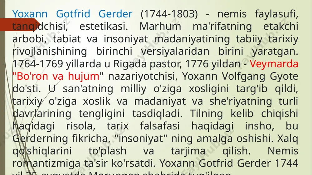 di: ko‘chmanchi (badaviy) bosqich – jamiyat hali oddiy va mustahkam davlat tizimiga ega emas. shahar (madaniy) bosqich – iqtisod va ilm rivojlanib, davlat barqarorlikka erishadi. tanazzul bosqichi – davlat haddan tashqari boyib, zaiflashib boradi va oxir-oqibat parchalanadi. asabiyya (ijtimoiy birdamlik) tushunchasi ibn xaldunning eng mashhur nazariyasi asabiyya – ya’ni ijtimoiy birdamlik va qavmiy jipslik tushunchasidir. kuchli davlat va jamiyatlar aynan mustahkam birdamlikka asoslangan bo‘ladi, biroq vaqt o‘tishi bilan asabiyya zaiflashadi va natijada davlat tanazzulga yuz tutadi. ma‘lumki, yevropada "ma‘rifatparvarlik" g’oyalari xviii asrda keng tarqaldi. aynan shu davrdan boshlab madaniyat zamirida sivilizatsiyalar paydo bo’lganligi xususidagi fikrlar rivojlanib, ularning falsafiy talqinida bu ikki ibora teng ma‘noda o’rganila boshladi. shu bilan birga bu davrda madaniyat va sivilizatsiyalarning "tanqidi" ham vujudga keldi. masalan, j.j.russo "madaniy millatlarning" buzilganligi va axloqan tubanlashganligini taraqqiyotning ilk davrlarida bo’lgan xalqlar axloqining soddaligi va sofligiga qarshi qo’ydi. nemis faylasuflari bu ziddayatli holatdan chiqishning yo’lini axloqiy (i.kant), estetik (shiller) yoki falsafiy …