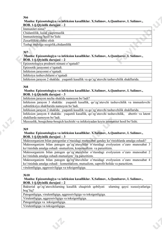 klda: yuqumli kasallik va qo’zg’atuvchi tashuvchilik shakllarida. №8 manba: epizootologiya va infeksion kasalliklar. x.salimov, a.qambarov, i. salimov., bob. 1-§.qiyinlik darajasi – 3 infeksion jarayon necha shaklda namoyon bo’ladi? infeksion jarayon 3 shaklda: yuqumli kasallik, qo’zg’atuvchi tashuvchilik va immunlovchi subinfeksiya shakllarida namoyon bo’ladi. infeksion jarayon 2 shaklda: yuqumli kasallik va qo’zg’atuvchi tashuvchilik shakllarida. infeksion jarayon 4 shaklda: yuqumli kasallik, qo’zg’atuvchi tashuvchilik, abortiv va latent shakllarda namoyon bo’ladi. maxsuslik, bosqichma-bosqich kechishi va infeksiyadan keyin immunitet hosil bo’lishi. №9 manba: epizootologiya va infeksion kasalliklar. x.salimov, a.qambarov, i. salimov., bob. 1-§.qiyinlik darajasi – 3 makroorganizm bilan patogenlar o’rtasidagi munosabat qanday ko’rinishlarda amalga oshadi? makroorganizm bilan patogen qo’zg’atuvchilar o’rtasidagi evolyusion o’zaro munosabat 3 ko’rinishda amalga oshadi -mutualizm, komensalizm va parazitizm. makroorganizm bilan patogen qo’zg’atuvchilar o’rtasidagi evolyusion o’zaro munosabat 2 ko’rinishda amalga oshadi-mutualizm va parazitizm. makroorganizm bilan patogen qo’zg’atuvchilar o’rtasidagi evolyusion o’zaro munosabat 4 ko’rinishda amalga oshadi - komensalizm, mutualizm, saprofit holida va parazitizm. virulentligiga, aggressivligiga …