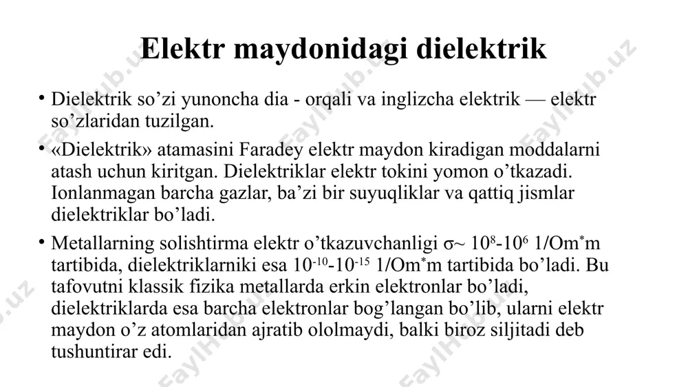 anganligi kulon qonuniga asosan quyidagicha ifodalanadi: ikki yassi qoplama (elektrod)lar orasiga o’zgarmas (h) qalinlikdagi dielektrik joylashtirilsa, bu dielektrikning istalgan nuqtasidagi elektr maydonining kuchlanganligi o’zgarmas bo’lib, u quyidagicha aniqlanadi: bunda u – yassi qoplamalar orasidagi kuchlanish, v. agar ichki va tashqi radiuslari r1, r2 bo’lgan qoplamalar orasiga dielektrik joylashtirilsa va silindrik kondensator vujudga keltirilsa, o’q yo’nalishi bo’ylab x masofadagi elektr maydon kuchlanganligi quyidagicha aniqlanadi. qutblanganlik yoki qutblanish jadalligi (p) dielektrikning tashqi maydoni ta’siri ostida qutblanishini ifodalaydi. tashqi elektr maydoni bo’lmaganida dielektriklar hajmidagi zarrachalar elektr momentiga ega bo’lmaydi. chunki dielektrik hajmidagi molekula zaryadlarining algebraik yig’indisi nolga teng bo’ladi, ya’ni musbat va manfiy zaryadlarning og’irlik markazlari faza jihatidan bir-biriga mos keladi. tashqi elektr maydoni ta’sirida dielektrik molekulalari tartibli joylashadi (2-rasm). bunda dielektrikning elektr momenti (- dielektrik barcha qutblangan momentlarining geometrik yig’indisi) noldan farq qiladi. qutblanganlik dielektrikning ma’lum bir nuqtasi uchun elektr maydon kuchlanganligiga to’g’ri proportsional bo’ladi: bunda ke – dielektrik qabulchanlik; - absolyut …