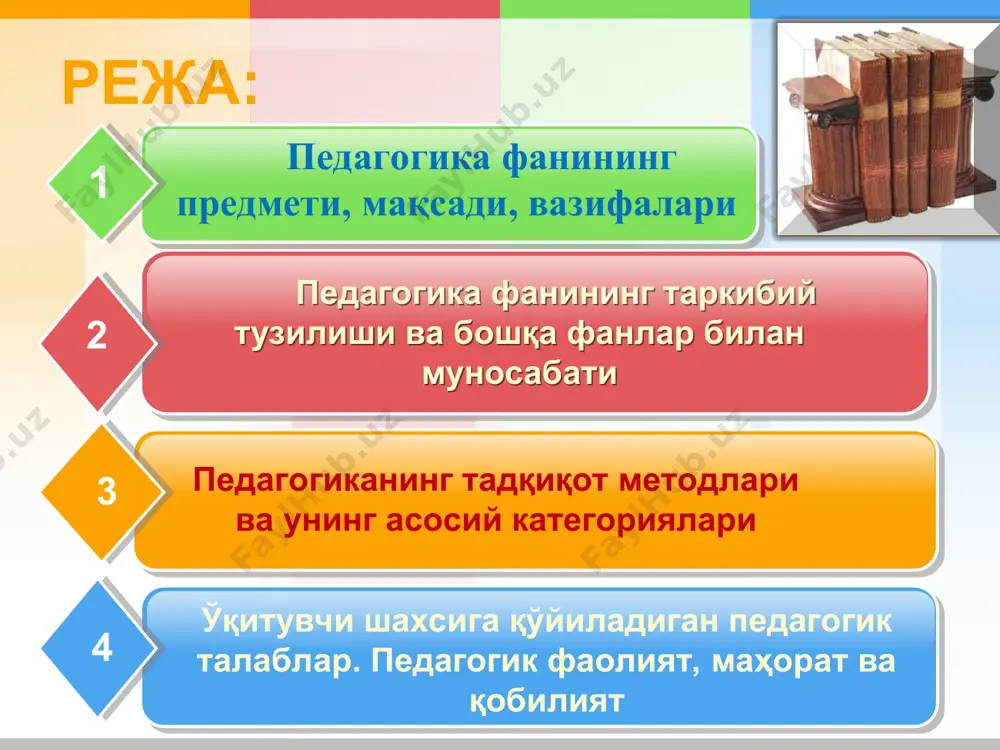 ilish usuli. 8. matematika va kibernetika usuli. 1. pedagogik kuzatish - odatda tabiiy kuzatish orqali o'quvchilarning fanlarni o'zlashtirishlari, ularning xulq-atvori va muomalalardagi o'zgarishlarni hisobga olish va tegishli ta'limiy-tarbiyaviy ta'sir ko'rsatish yo'llarini belgilash uchun qo'llaniladi 2. suhbat metodi - tadqiqotchi tekshirayotgan shaxs bilan bevosita aloqada bo'lish vaqtida og'zaki suhbat tarzida, suhbatdoshining javoblarini yozmasdan erkin muomala formasida qo'llaniladi. 3. pedagogik so'rash metodi - tadqiqotchining boshqa kishilardan pedagogik tajribaning biror tomoni yoki hodisalari haqida axborot olish jarayonidir. so'rash savollarning mantiiqiy o'ylangan tizimini,ularning aniq ifodalanishini, nisbatan kamchiligi (3-5ta) nazarda tutiladi. shuningdek, qat'iy formadagi javobni («ha», «yo'q») ham taqozo etishi mumkin. o'qituvchi shaxsiga qo'yiladigan pedagogik talablar. * pedagogik faoliyat – bu yosh avlodni hayotga, mehnatga tayyorlash uchun xalq oldida, davlat oldida javob beradigan, yosh avlodga ta'lim-tarbiya berish uchun maxsus tayyorlangan mutaxassislarning mehnat faoliyati. pedagogik mahorat. o'qituvchi muvaffaqiyatli ishlashi uchun pedagogik mahoratga ega bo'lishi zarur. pedagogik mahorat egasi oz mehnat sarf qilib, katta natijaga erishadi. ijodkorlik …