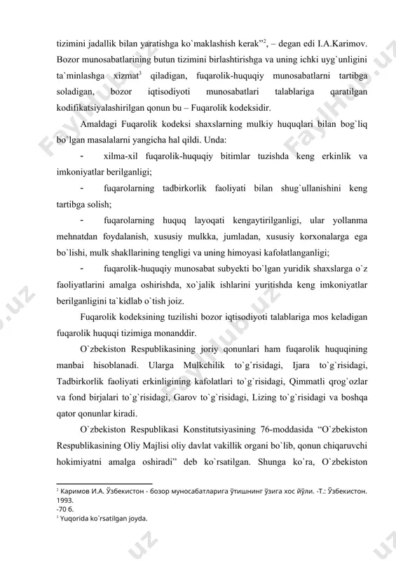 y xarakterdagi qonunlardir. o`zbekiston respublikasi konstitutsiyasining 94-moddasida “o`zbekiston respublikasining prezidenti konstitutsiyaga va qonun-larga asoslanib hamda ularni ijro etish yuzasidan respublikaning butun hududida majburiy kuchga ega bo`lgan farmonlar, qarorlar va farmoyishlar chiqaradi”, deb belgilangan. prezident tomonidan chiqariladigan mazkur farmonlar qonun osti hujjatlari deb yuritiladi. prezident farmonlari turmushda, hayotda, xalq xo`jaligida, iqtisodiyotda, ishlab chiqarishda kechiktirib bo`lmaydigan munosabatlarni tartibga solish va mustahkamlash ehtiyojidan kelib chiqadi. ularning aksariyati fuqarolik-huquqiy munosabatlarni tartibga solayotganligi uchun fuqarolik huquqining manbai bo`lib hisoblanadi. bunga yaqqol misol qilib, “iqtisodiy islohotlarni yanada chuqurlashtirish, xususiy mulk manfaatlarini himoya qilish va tadbirkorlikni rivojlantirish chora-tadbirlari to`g`risida”gi 1994 yil 21 yanvardagi farmonini ko`rsatish mumkin. amalda ushbu farmon o`zbekistonda amalga oshirilayotgan iqtisodiy islohotlarning ikkinchi bosqichini boshlab berdi. o`zbekiston respublikasi konstitutsiyasining 98-moddasida “vazirlar mahkamasi amaldagi qonunlarga muvofiq o`zbekiston respublikasi hududidagi barcha organlar, korxonalar, muassasalar, tashkilotlar, mansabdor shaxslar va fuqarolar tomonidan bajarilishi majburiy bo`lgan qarorlar va farmoyishlar chiqaradi”, deb ko`rsatilgan. shunga binoan vazirlar mahkamasi iqtisodiyotning, ijtimoiy va ma`naviy …