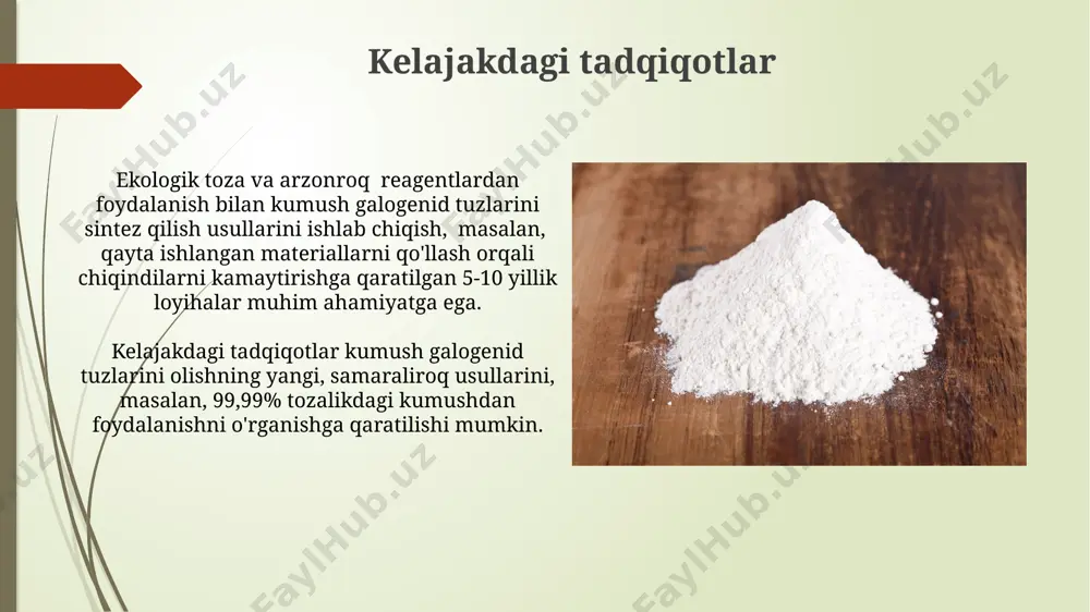i, lekin ularning kovalent xususiyatlari ham mavjud bo'lib, bu ularning optik va fotokimyoviy xossalariga ta'sir qiladi. kumush galogenidlarning eruvchanligi galogenning elektr manfiyligi bilan teskari proportsionaldir: agi (eruvchanligi 2,8x10⁻⁸ mol/l) agbr (eruvchanligi 7,3x10⁻⁷ mol/l) dan kamroq eriydi. reaksiya shartlari va omillari кумуш галогенид тузларини олишда реакция ҳарорати муҳим роль ўйнайди, 20-50°с оралиғидаги ҳароратларда юқори самарадорлик кузатилади, юқорироқ ҳароратлар эса нохолис маҳсулотлар ҳосил бўлишига олиб келиши мумкин. кумуш нитрати ва галогенли кислоталар ўртасидаги реакция тезлигини ошириш учун 1-3 мол/литр концентрациядаги азот кислотасини қўшиш мумкин. бу эритманинг ион кучини ошириб, реакция тезлигини тезлаштиради. hosil bo'lgan cho'kmaning xossalari hosil bo'lgan kumush galogenid cho'kmasi yorug'likka sezgir bo'lib, 350-400 nm to'lqin uzunlikdagi ultrabinafsha nurlanish ta'sirida qora rangga o'zgaradi va bu jarayon fotokimyoviy reaksiyalar orqali amalga oshadi. cho'kmaning donalari o'lchami 0,1 dan 1 mkm gacha bo'lishi mumkin va bu o'lcham fotografik materiallarning sezgirligini va tasvir sifatini belgilaydi, katta donalar yuqori sezgirlikni, kichik donalar esa yuqori aniqlikni ta'minlaydi. …