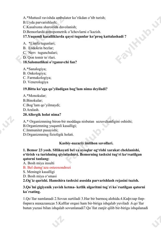 u eritma puflab buyum oynasiga tushiriladi 3. chap qo`lning nomsiz barmog`ining oxirgi falangasi spirtli paxta bilan artib quritilgach skarifikator bilan teshiladi. 4. barmoqdan ikki qayta qon olinib, buyum oynasiga tushirilib, suyuqliklar asta-sekin aralashtiriladi 5. pipetka tippa-tik holda 1 soatga shtativga qo`yiladi a. 1,2,3,4,5 b. 3,1,2,4,5 c. 5,4,3,2,1 d. 3,2,1,4,5 5.kollapsda bajariladigan dastlabki amaliyot algoritmi qaysi variantda to`ri kеltirilgan: a.vеna punktsiya qilish b. bеmorni tridеlеnburg xolatiga yotqizish * c. og`izni ochish tilni tortish d. siydik pufagini katеtеrlash e. nafas yullarini tozzalash 6. qariyalarda bronxial astma xurujida qanday shoshilinch yordam ko`rsatiladi a. *tinchlik, berotek. -aerozol , salbutamol-aerozol , eufillin. 24%li eritmasi 1- 1,5 ml dan muskullar orasiga, 5-10 ml miqdoridagi 2,4% li eritmasi 10-20 m 40% li glyukoza eritmasida tomir ichiga yuboriladi. suprastin. 2%-1 ml muskul orasiga b. salbutamol-aerozol , eufillin. 24%li eritmasi 1-1,5 ml dan muskullar orasiga, poliglyukin, fiziologii eritmachar 400-500 ml tomir ichiga c. teofedrin. 1 tabletkadan ichiladi.prednizolon ichiladi, strofantin …
