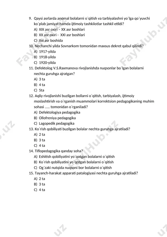 biliyatini yo`qotgan bolalarni o`qitish b) ko`rish qobiliyatini yo`qotgan bolalarni o`qitish c) og`zaki nutqida nuqsoni bor bolalarni o`qitish 15. tayanch-harakat apparati patalogiyasi nechta guruhga ajratiladi? a) 2 ta b) 3 ta c) 4 ta