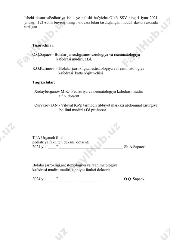 rgik kasalliklarning kelib chiqishi sabablari, patogenetik mexanizmlari, diagnostikasi, o‘ziga xos klinik ko‘rinishlari, asoratlari, davolash tamoyillari va dispanser nazoratini o‘rganish asosida o‘rgatiladi. anamnez yig‘ish, bemor ko‘ruvi, erta taxminiy tashhis qo‘yish, kasallikni asoratlarini tashhis qila olish, tashhislashni laborator – instrumental tekshiruvlar natijalariga asoslangan holda olib borish, patologik o‘zgarishlarni aniqlash va davolash standartlarini qo‘llashni o‘rganadilar. modulni o‘qitish uchun anatomiya, fiziologiya, topografik anatomiya va operativ xirurgiya, gistologiya, biologiya, bioximiya, umumiy xirurgiya modullari nazariy zamin bo‘lib xizmat qiladi. modul dasturi o‘zbekiston respublikasi davlat ta’lim standarti va pediatriya ishi ta’lim yo‘nalishi malaka talablariga asoslangan holda tuzilgan. mazkur modul dasturi mavzulari tibbiyot oliy ta’lim muassasalarining bakalavriat bosqichining klinik modullarning dastur mavzulari bilan uzviy bog‘liq holda yaratiladi. o‘quv modulining maqsadi va vazifalari modulning maqsadi - talabalarni kichik yoshdagi bolalarda uchraydigan klassik ko‘rinishidagi xirurgik patologiyalarga birlamchi tashxis kuyishga, asoratlarni aniklashga, ushbu kasaliklarni to‘g‘ri davolashga va mutaxassisga yo‘naltirishni o‘rgatish. modulning vazifalari: – bolalar xirurgik kasalliklarining etiologiyasi, patogenezi, klinik xususiyatlari, asoratlari, …