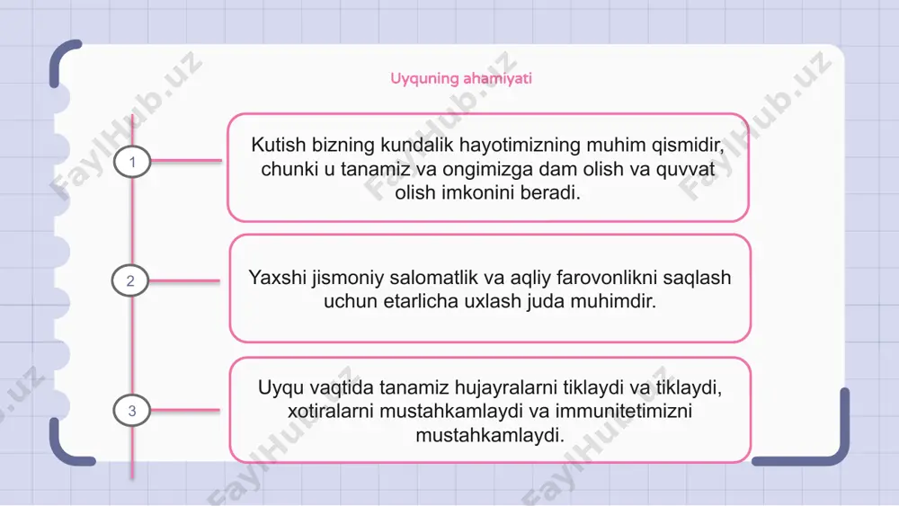 ognitiv funktsiya va mahsuldorlikni oshirish imkonini beradi. etarlicha sifatli uyqu immunitet tizimimizni mustahkamlaydi, kasallik va kasalliklarga qarshi kurashishimizga yordam beradi. bu sog'lom vaznni saqlashda va semirish va diabet kabi surunkali kasalliklar xavfini kamaytirishda hal qiluvchi rol o'ynaydi. bundan tashqari, uyqu yaxshi ruhiy salomatlik va hissiy farovonlik bilan bog'liq. bu bizning kayfiyatimizni yaxshilaydi, stress darajasini pasaytiradi va kundalik qiyinchiliklarni engish qobiliyatini oshiradi. uyqu va ruhiy salomatlik uyqu ruhiy salomatlik va farovonlik bilan chambarchas bog'liq. optimal ruhiy salomatlikni saqlash uchun sifatli uyqu muhim ahamiyatga ega. uyqusizlik kabi uyqu muammolari ruhiy kasalliklar, jumladan, depressiya va tashvishlarning rivojlanishiga hissa qo'shishi mumkin. uyqu gigienasiga ustuvor ahamiyat berish va uyquni yaxshilash uchun strategiyalarni amalga oshirish ruhiy salomatlikka ijobiy ta'sir ko'rsatishi mumkin. 1 2 3 uyqu va mahsuldorlik uyqu mahsuldorlikda hal qiluvchi rol o'ynaydi. uyquning etishmasligi kognitiv funktsiyaning pasayishiga va qaror qabul qilish qobiliyatining pasayishiga olib kelishi mumkin. ishda optimal ishlash va unumdorlik uchun etarli uyqu muhim …