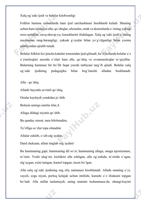 tib olishga intiladi. e’tibor bering: tol beshikni tebratib, ona aytar qo`shig`in. qo`shiq bilan tebratar dunyoning tol beshigin. bu beshikda ulg`ayar necha ming, millionlar. ona mehri ziyosi yuraklarga yo`l olar. bu beshikda tinglashar mayin-mayin allalar. uchib o`tgan el bilan olam bo`ylab taralar. tol beshikni tebratib, ona aytar qo`shig`in. qo`shiq bilan tebratar dunyoning tol beshigin. maqol bolalar xalq og`zaki ijodida maqollar yetakchi o`rinda turadi. xalq yaratgan g`oyat ixcham, chuqur va tugal ma’noli gaplar maqol, deb yuritiladi. maqol xalqning, bir necha avlodlarning aqlu farosati hamda turmush tajribasining yakuni, ular donishmandligining mahsulidir. maqollarda hayotning achchiq-chuchugini tatib ko`rgan, turmushdagi hodisalarga aql ko`zi bilan qaraydigan, sof vijdonli, olijanob, mehnatkash kishining biror voqea-hodisadan, biror kishidan yoki biror ishdan chiqargan xulosasi bayon qilinadi. bu xulosa biror kishi uchun (ko`proq bolalar uchun) yo`l ko`rsatuvchi bo`lib xizmat qilishi mumkin. maqollar xalqning aql-idroki, ijtimoiy-tarixiy tajribasi, kurashi hamda mehnatining badiiy ifodasi sifatida yaratilib kelinmoqda. maqollar chuqur ma’noni ifoda eta bilishi, ixcham, pishiq …
